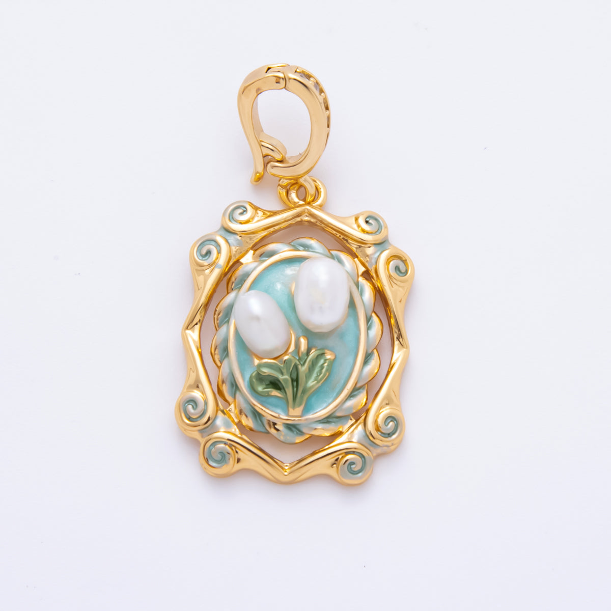 18K Gold Filled 34mm Shell Pearl Blue Enamel Flower Artisan Snap Drop Bail Pendant | AH811