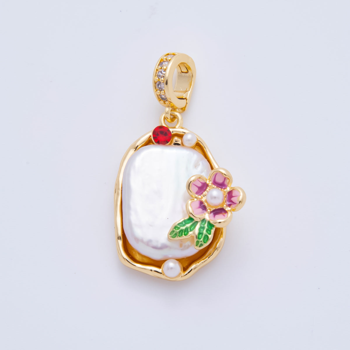 18K Gold Filled 34mm Freshwater Pearl  Flower Micro Paved CZ Drop Rondelle Pendant | AH817
