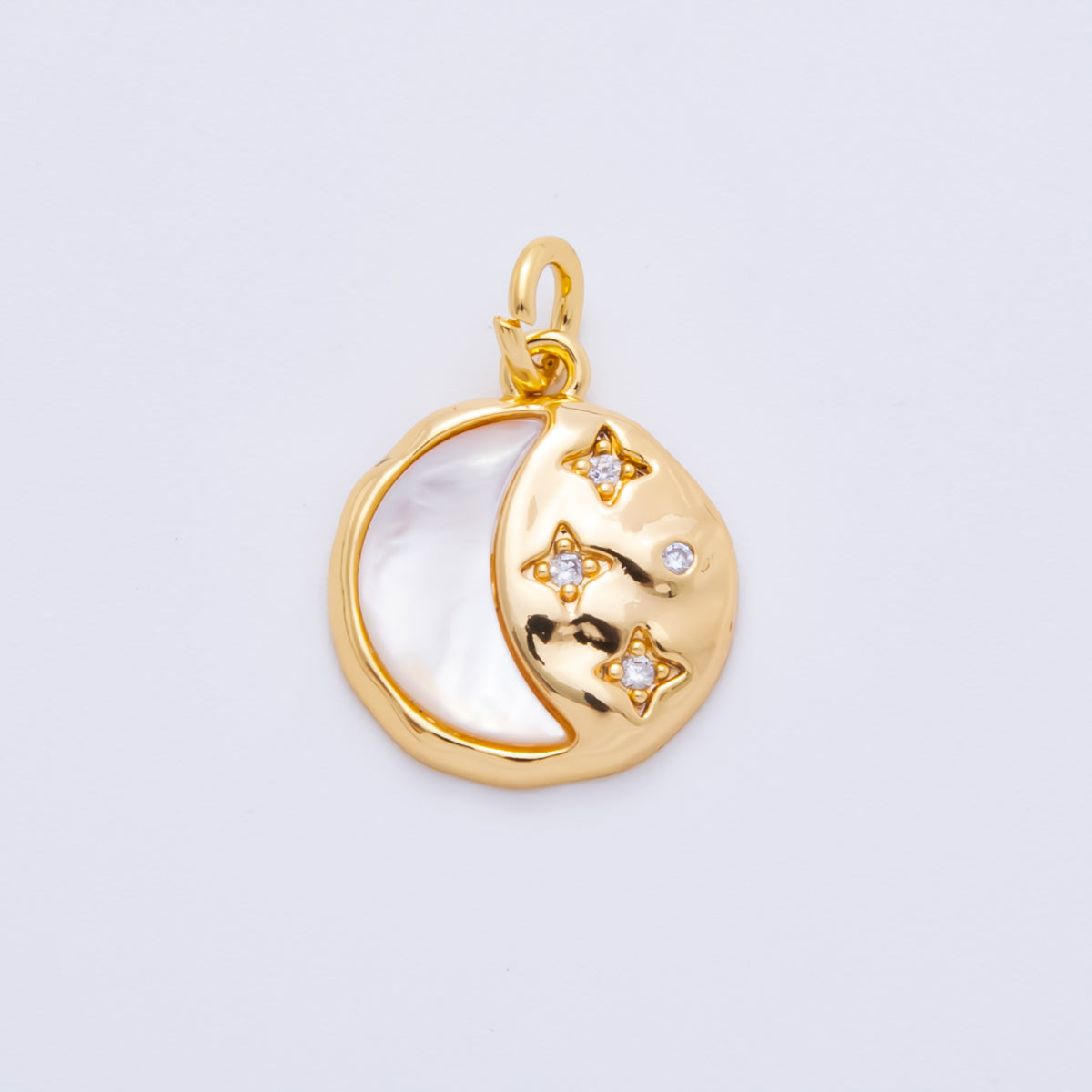 18K Gold Filled Shell Pearl Celestial Star Crescent Moon Round Charm | AH914