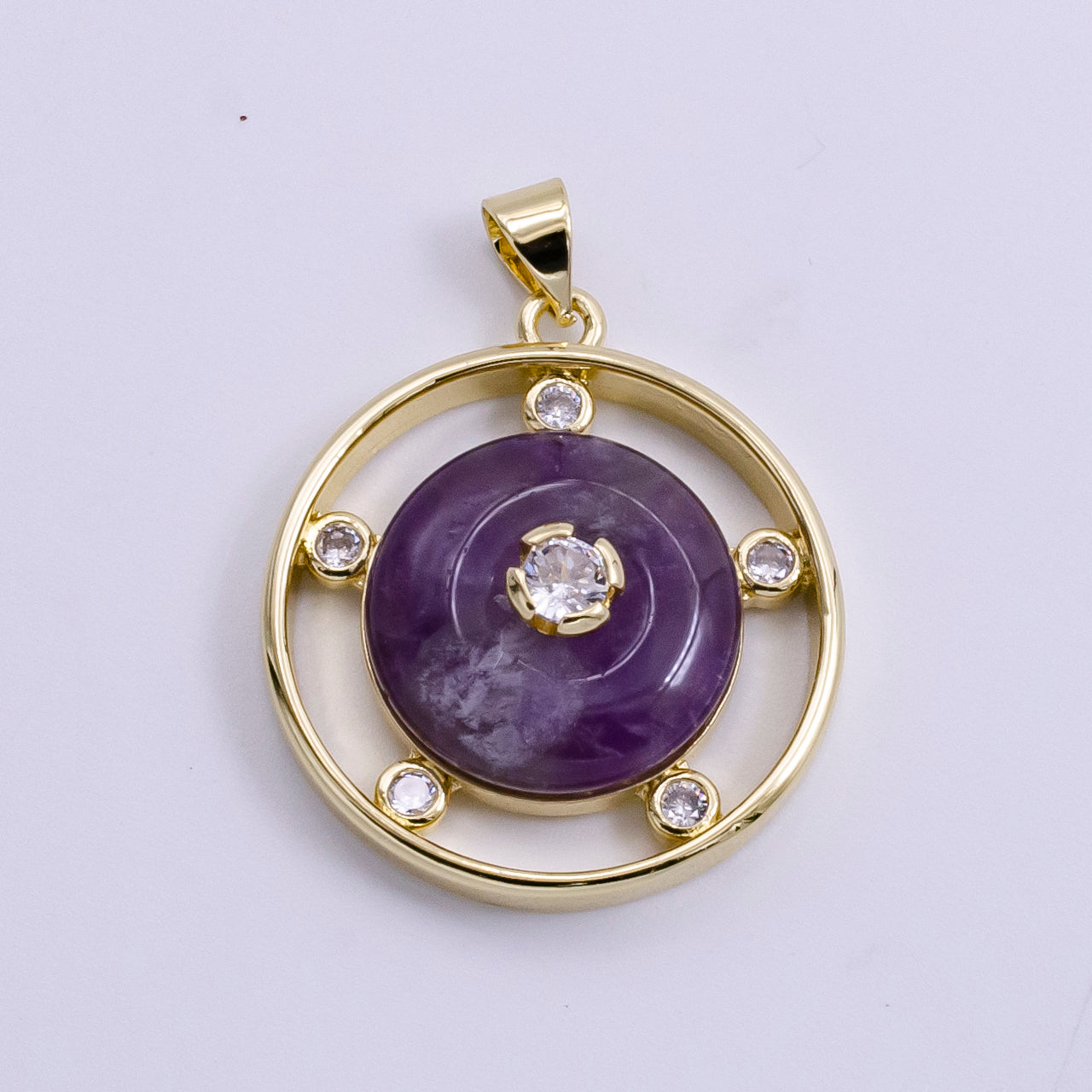 14K Gold Filled Clear Quartz, Rose Quartz, Amethyst Multiple CZ Open Round Pendant | AH055 - AH057