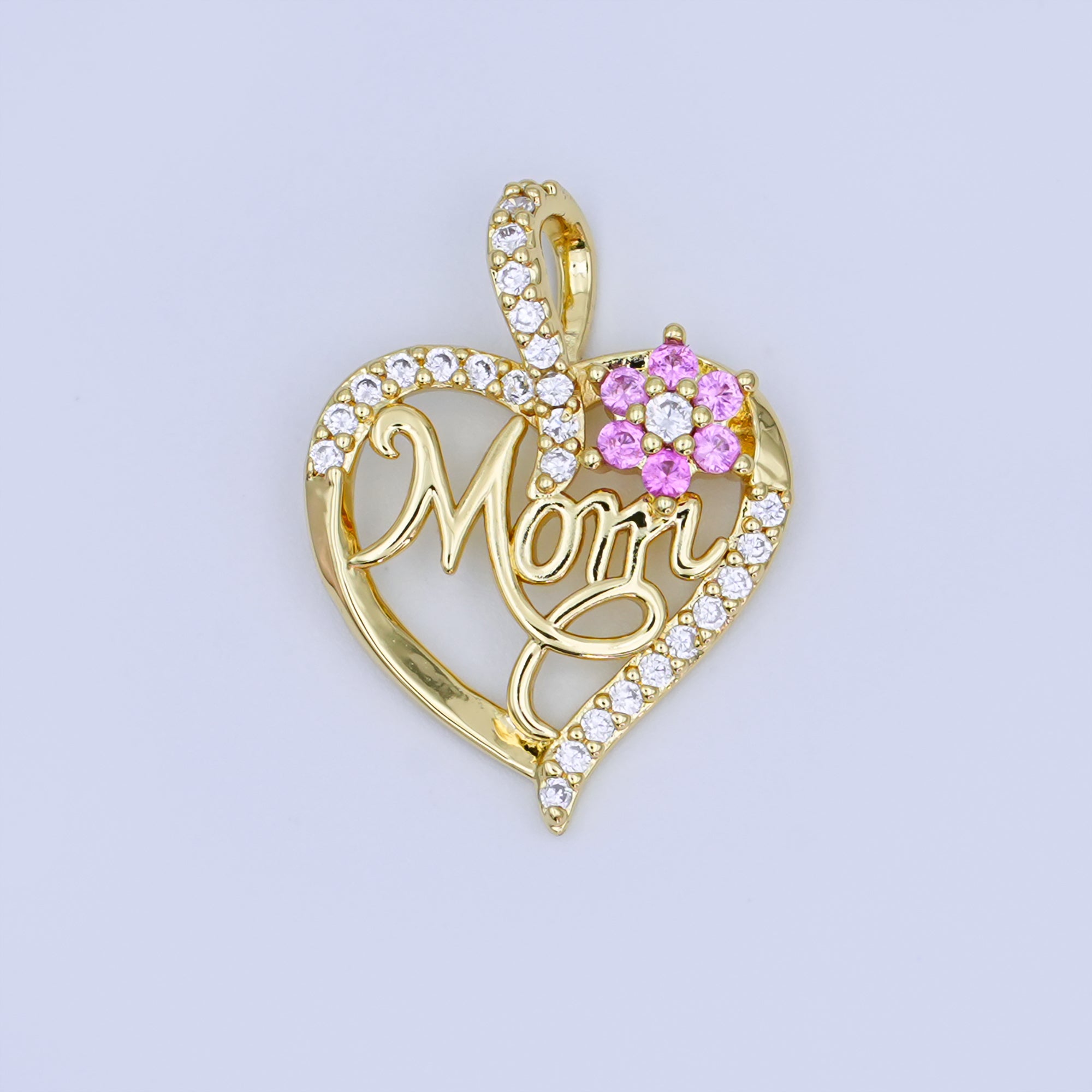 24K Gold Filled Micro Paved CZ "MOM" Cursive Flower Heart Open Pendant | AH430