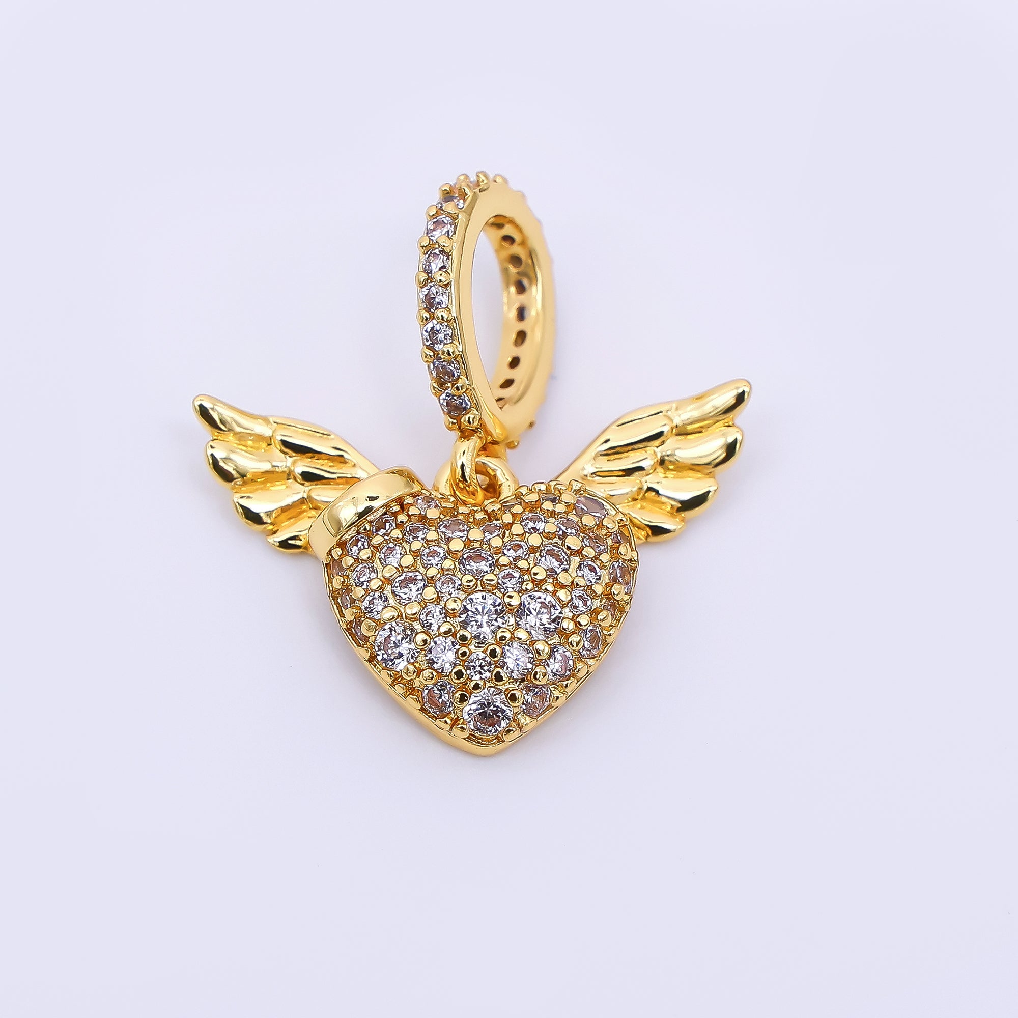 24K Gold Filled 15mm Micro Paved CZ Heart & Wings Angel Charm | AH-460