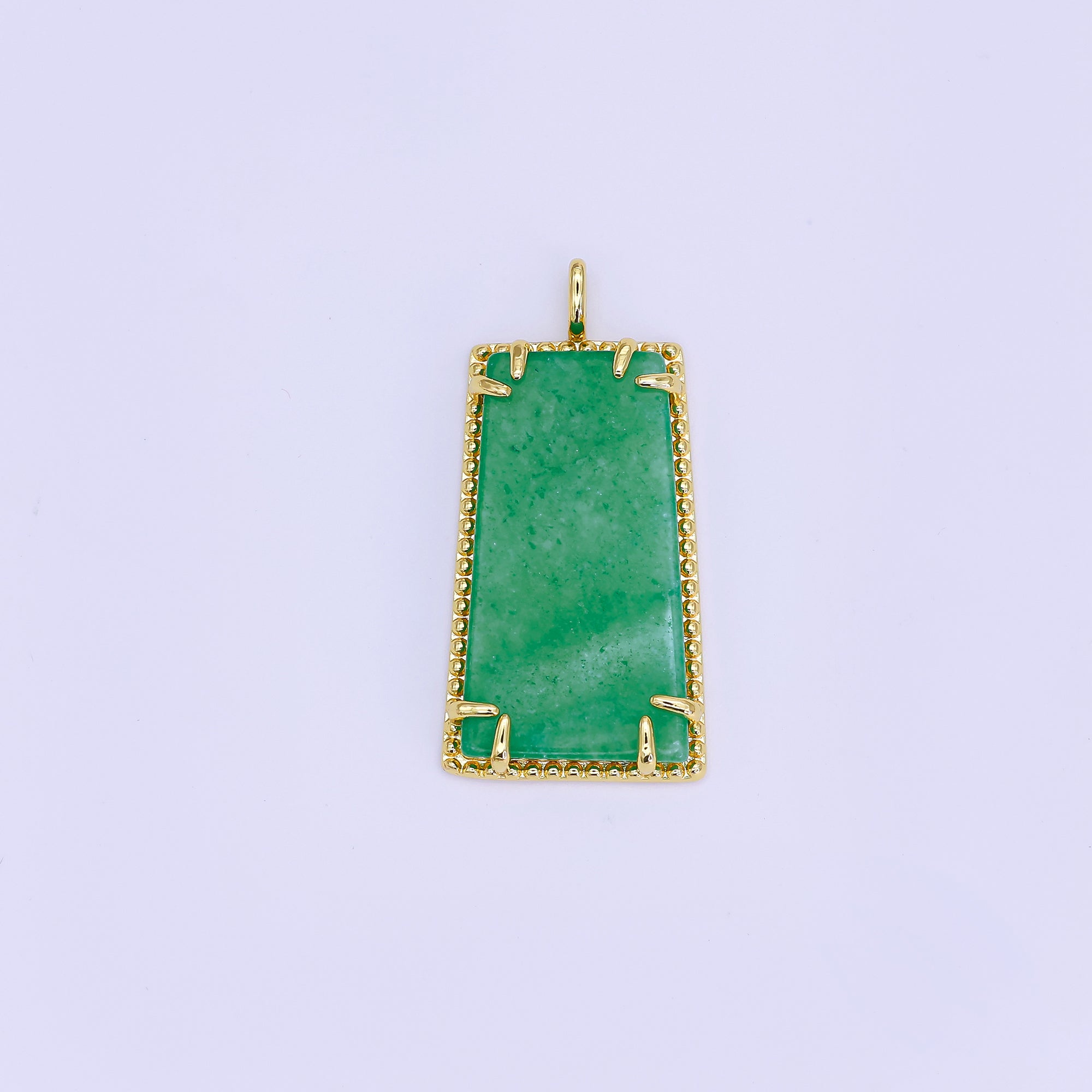 24K Gold Filled Natural Green Jade Rectangular Dotted Bezel Drop Pendant | AH481