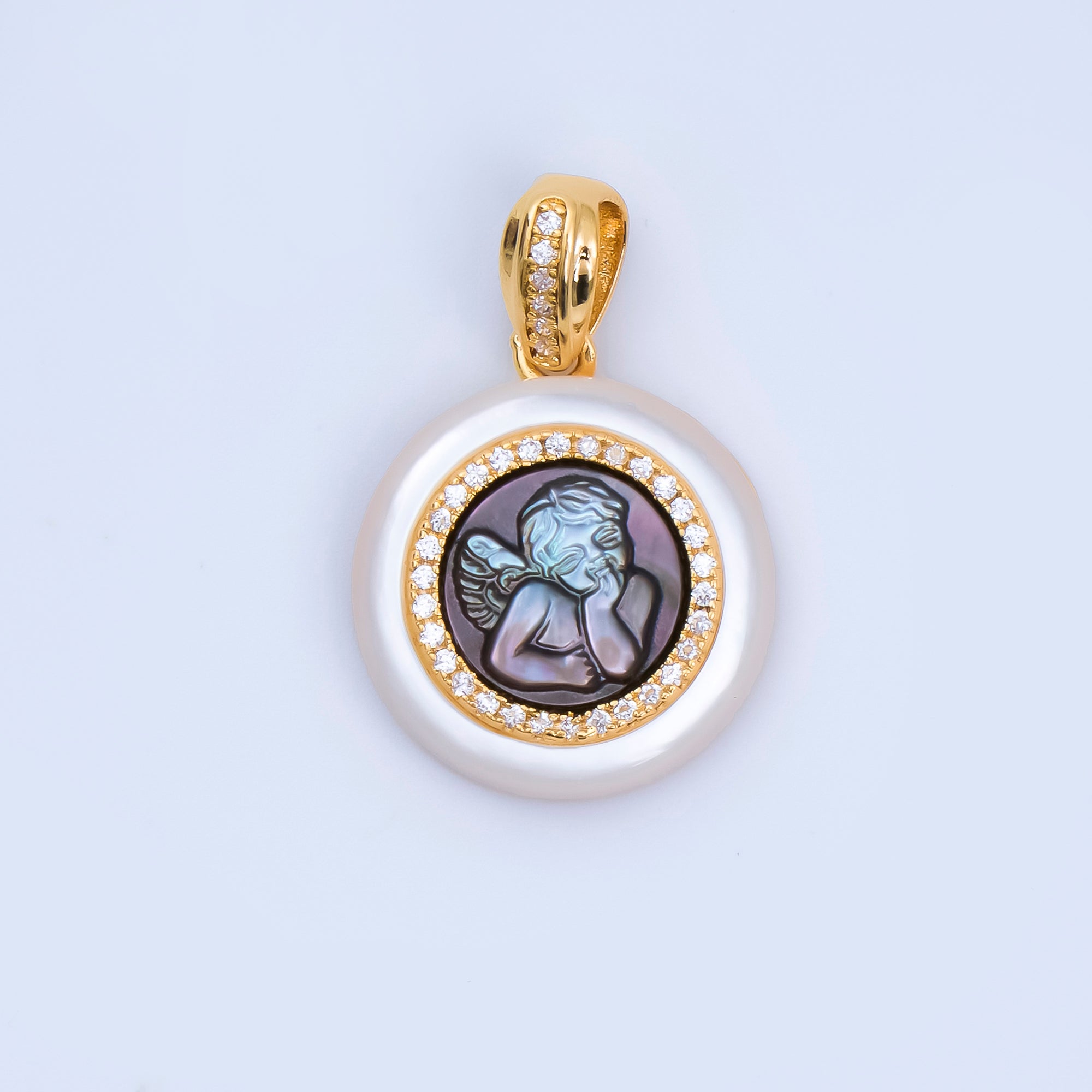 24K Gold Filled 20mm Micro Paved CZ Round Medallion Abalone Pendant in Baby Angel & Woman | AH-500 AH-501