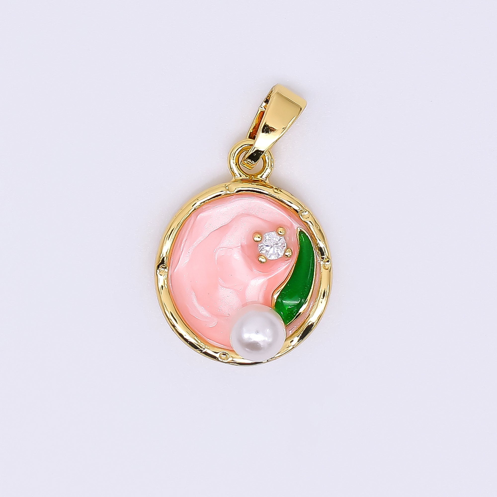 24K Gold Filled 15.5mm Round CZ Enamel Art Shell Pearl Fish Pond Medallion Pendant in Green, Pink, & Purple | AH-504 AH-505