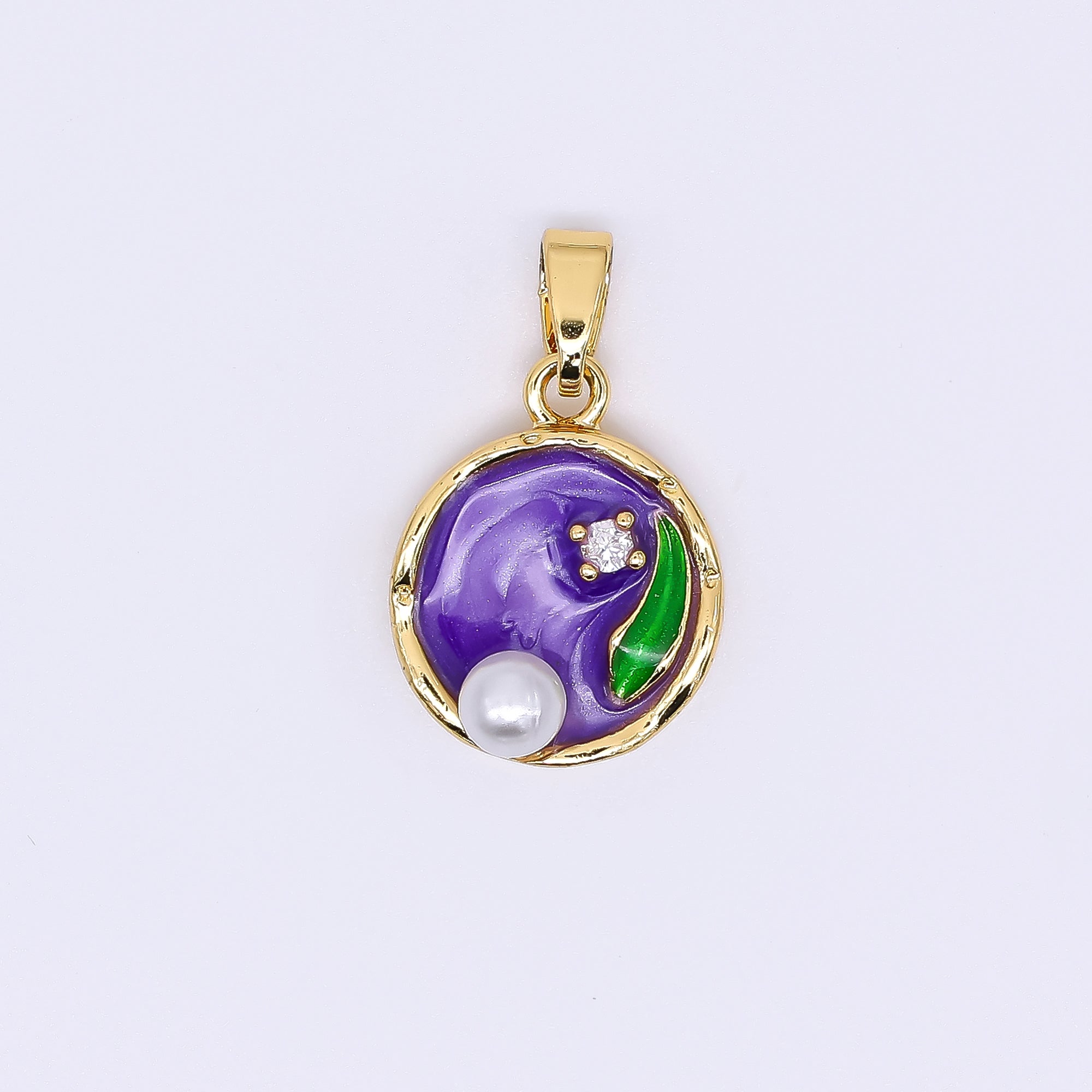 24K Gold Filled 15.5mm Round CZ Enamel Art Shell Pearl Fish Pond Medallion Pendant in Green, Pink, & Purple | AH-504 AH-505