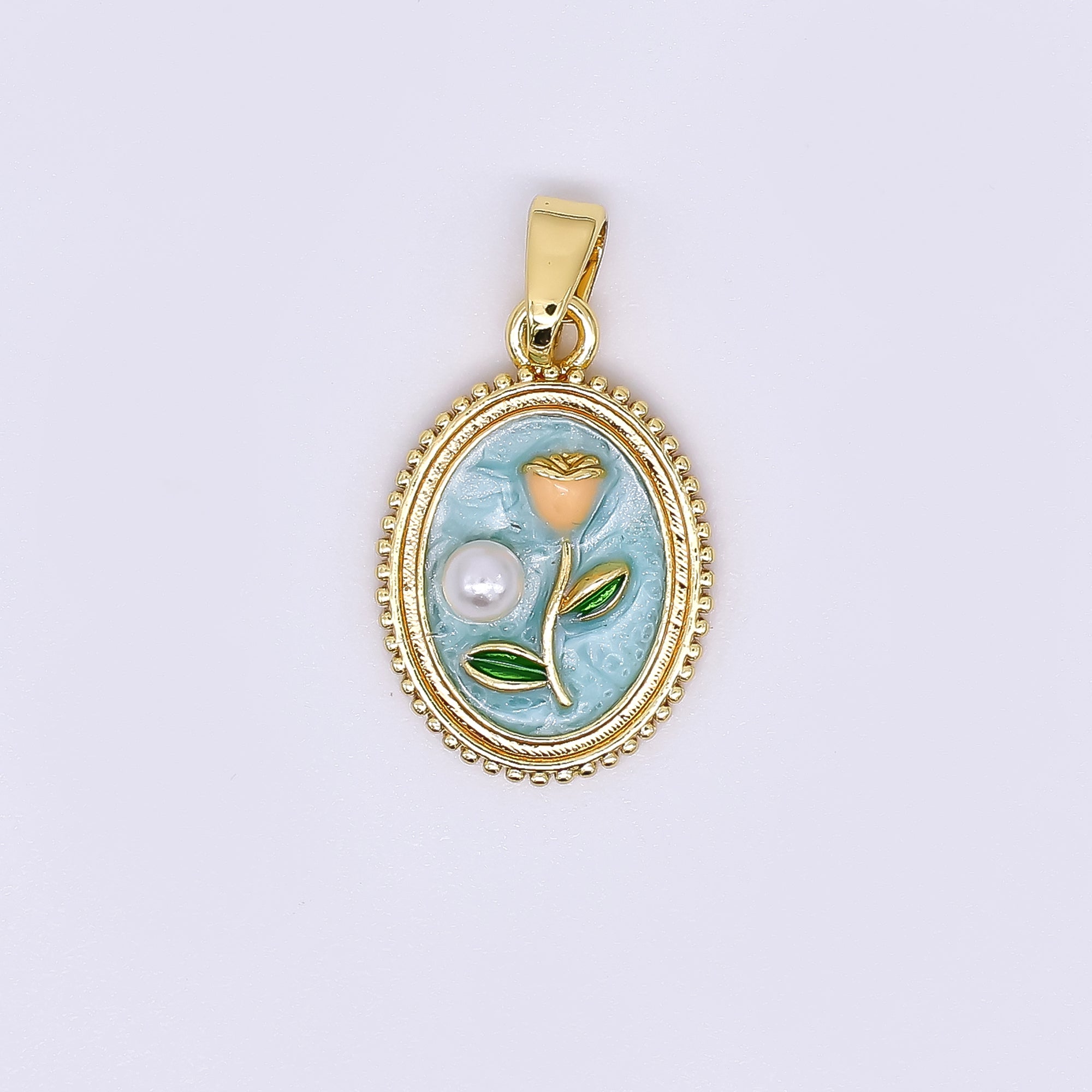 24K Gold Filled 12mm Enamel Art Shell Pearl Framed Vintage Style Flower Pendant in Blue, Pink, & Purple | AH-506 AH-507