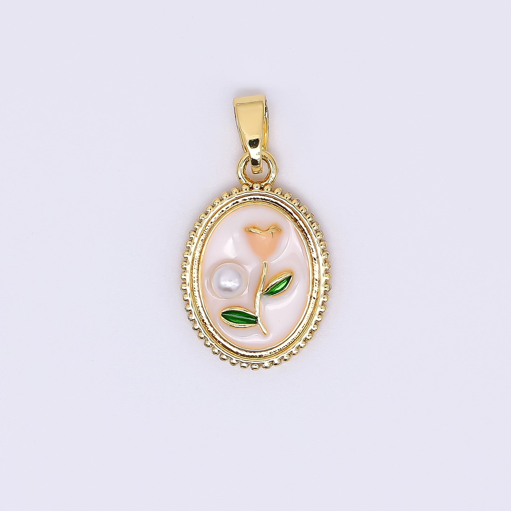 24K Gold Filled 12mm Enamel Art Shell Pearl Framed Vintage Style Flower Pendant in Blue, Pink, & Purple | AH-506 AH-507