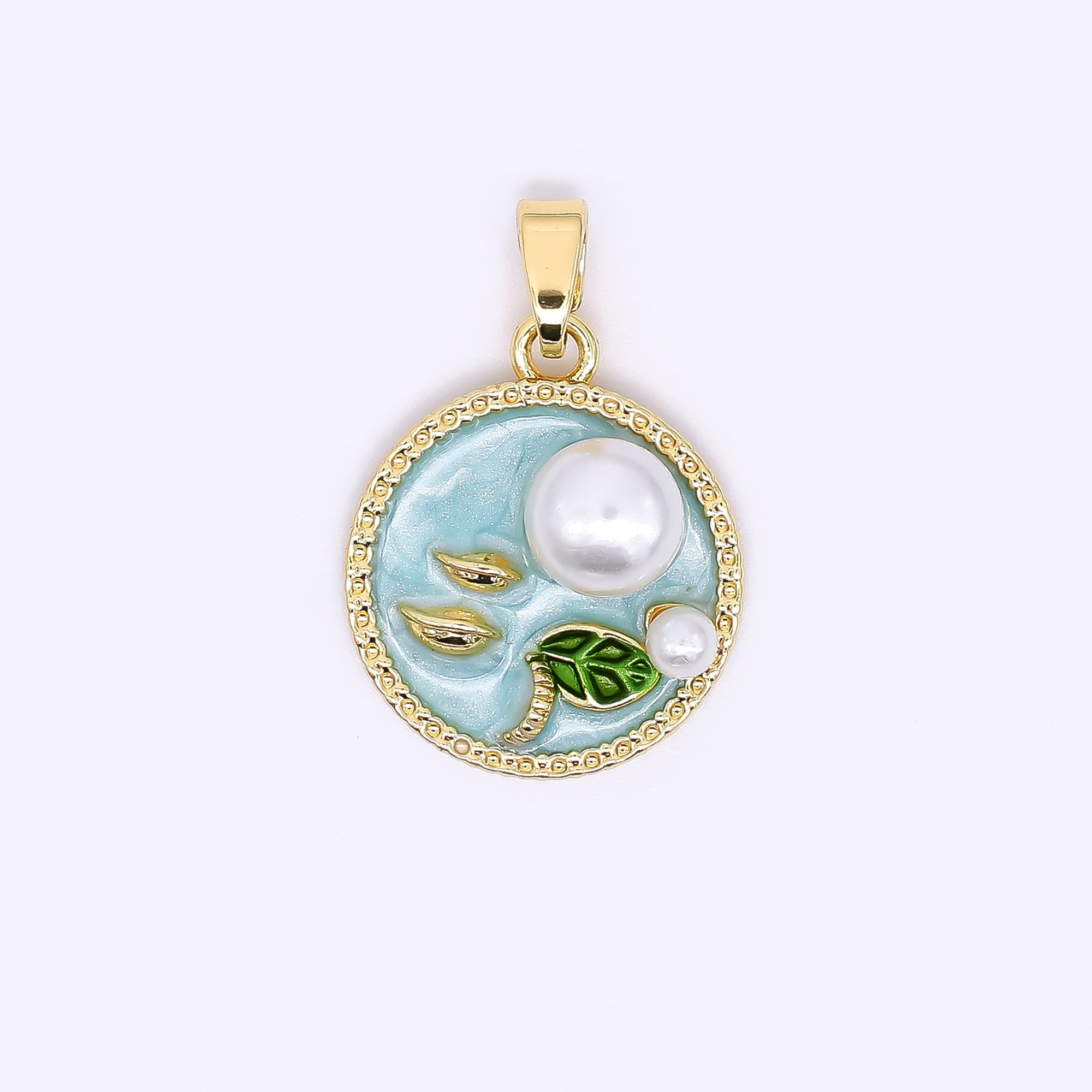 24K Gold Filled 17mm Enamel Art Shell Pearl Pearly Flowers Medallion Pendant in Green, Pink, & Purple | AH-508 AH-509
