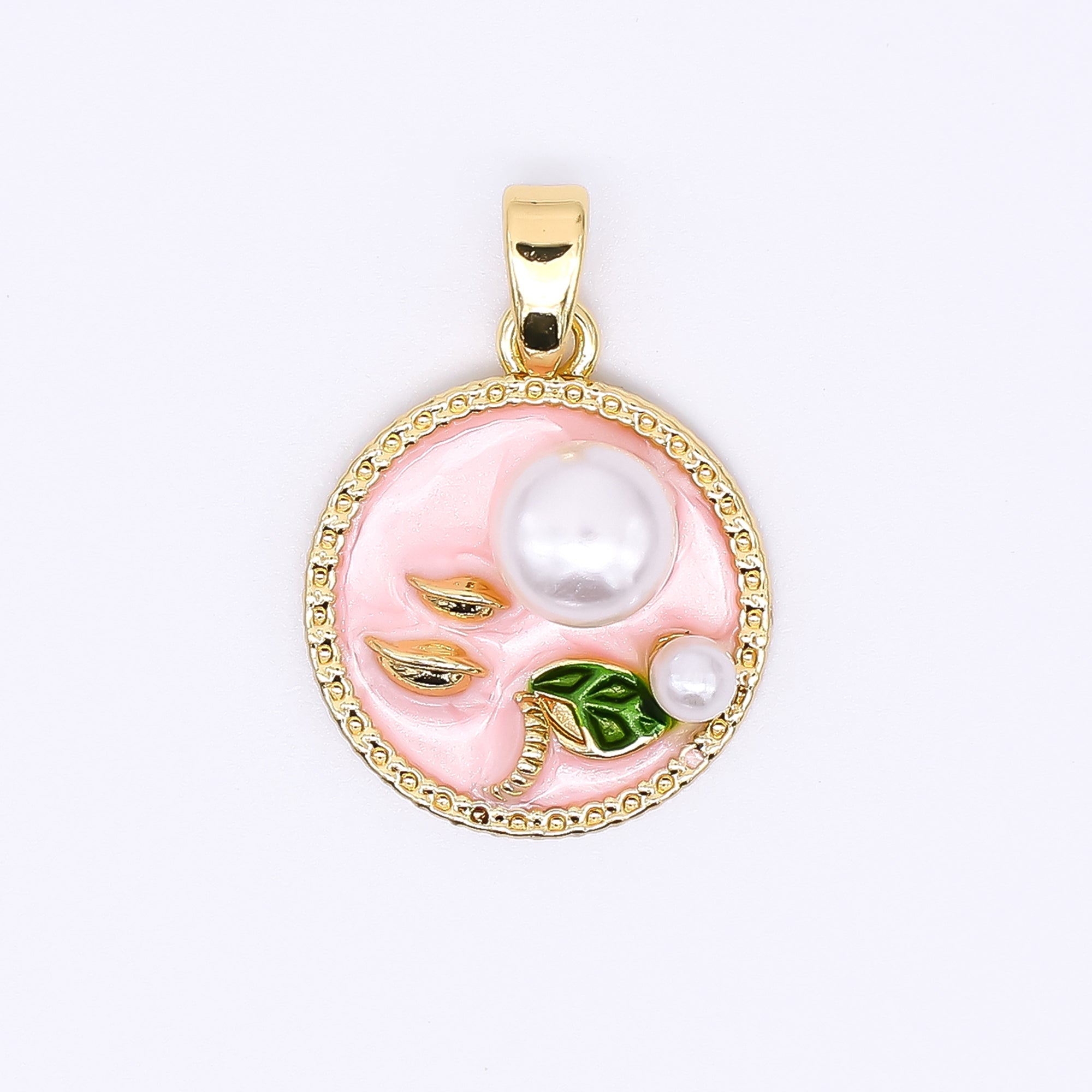 24K Gold Filled 17mm Enamel Art Shell Pearl Pearly Flowers Medallion Pendant in Green, Pink, & Purple | AH-508 AH-509