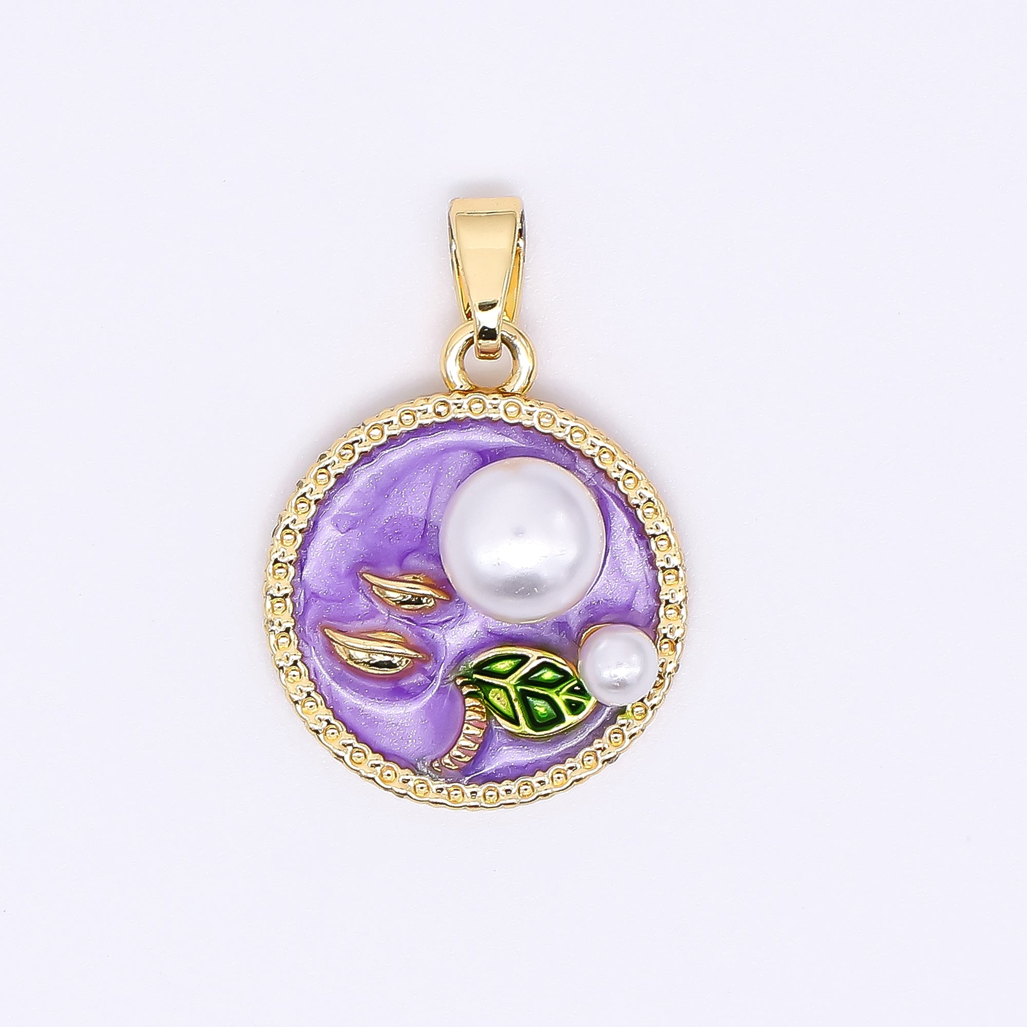 24K Gold Filled 17mm Enamel Art Shell Pearl Pearly Flowers Medallion Pendant in Green, Pink, & Purple | AH-508 AH-509