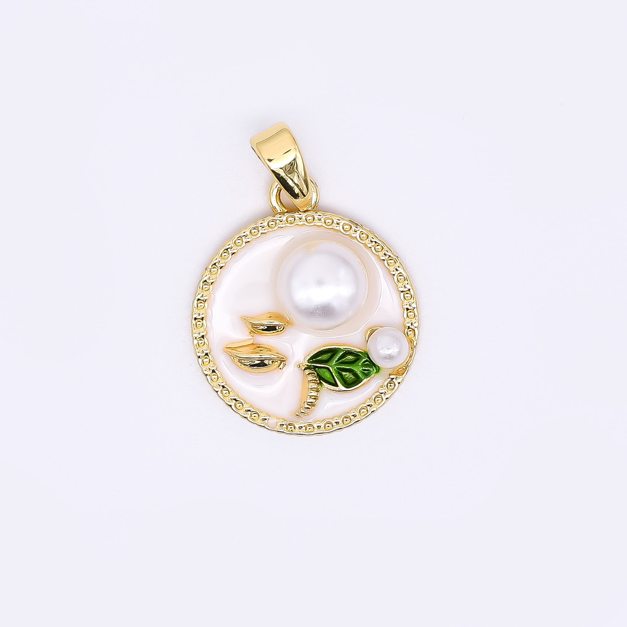 24K Gold Filled 17mm Enamel Art Shell Pearl Pearly Flowers Medallion Pendant in Green, Pink, & Purple | AH-508 AH-509