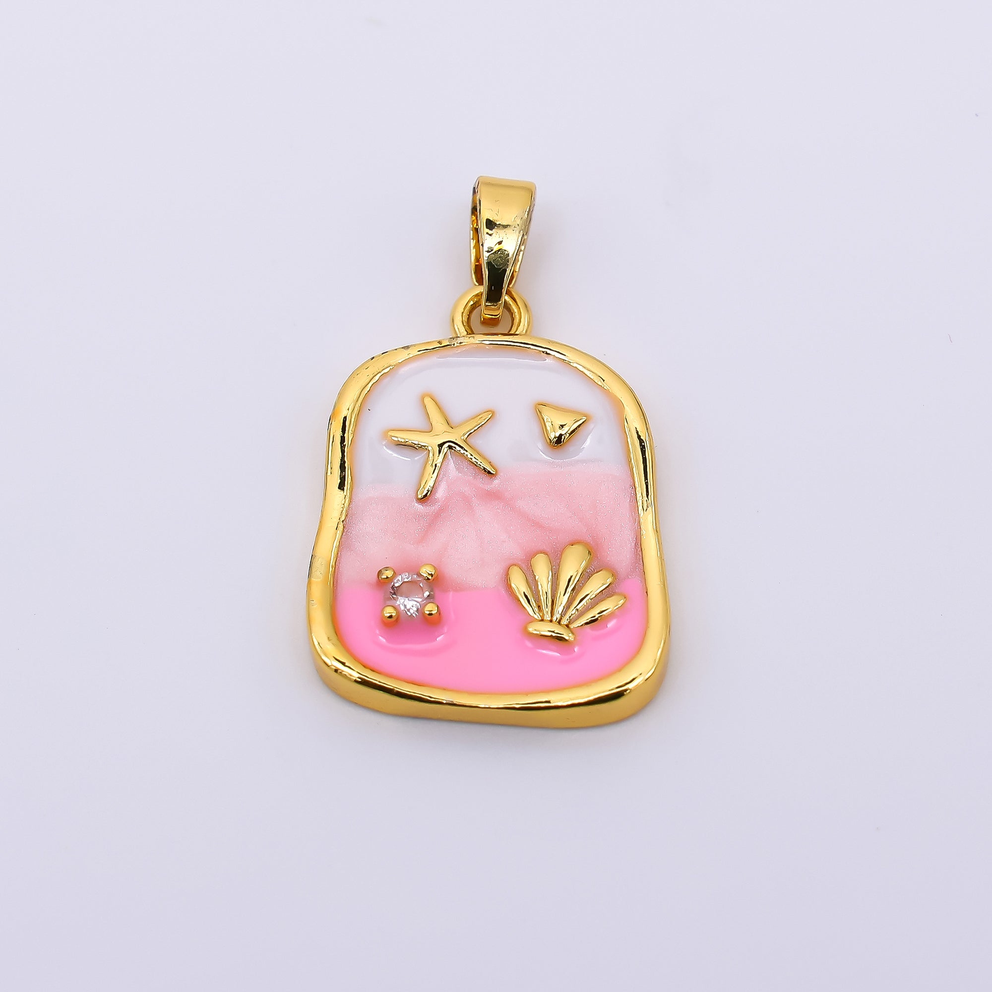 24K Gold Filled 19.5mm Round CZ Enamel Art Beach Theme Starfish with Seashell Pendant in Purple & Pink | AH-510