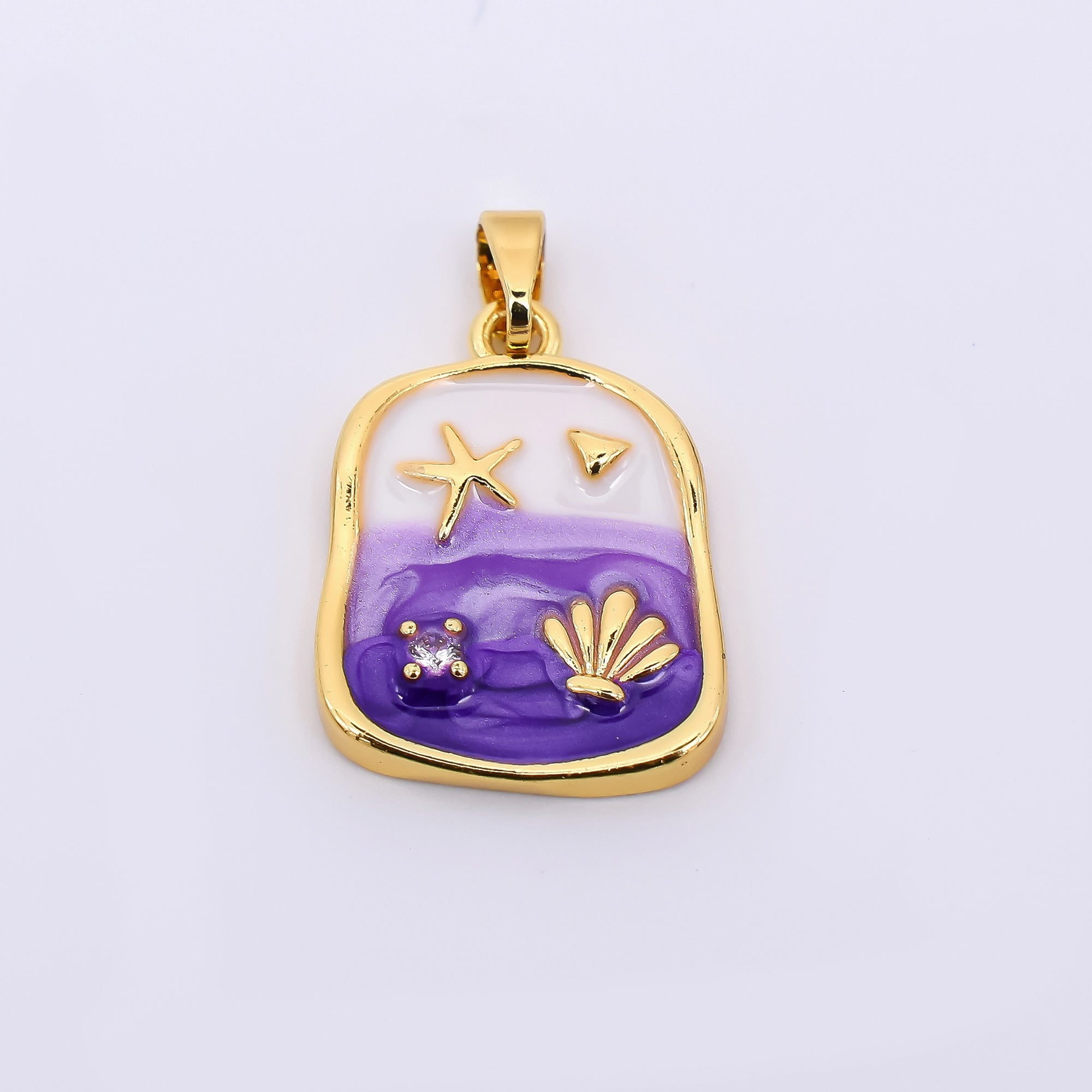 24K Gold Filled 19.5mm Round CZ Enamel Art Beach Theme Starfish with Seashell Pendant in Purple & Pink | AH-510