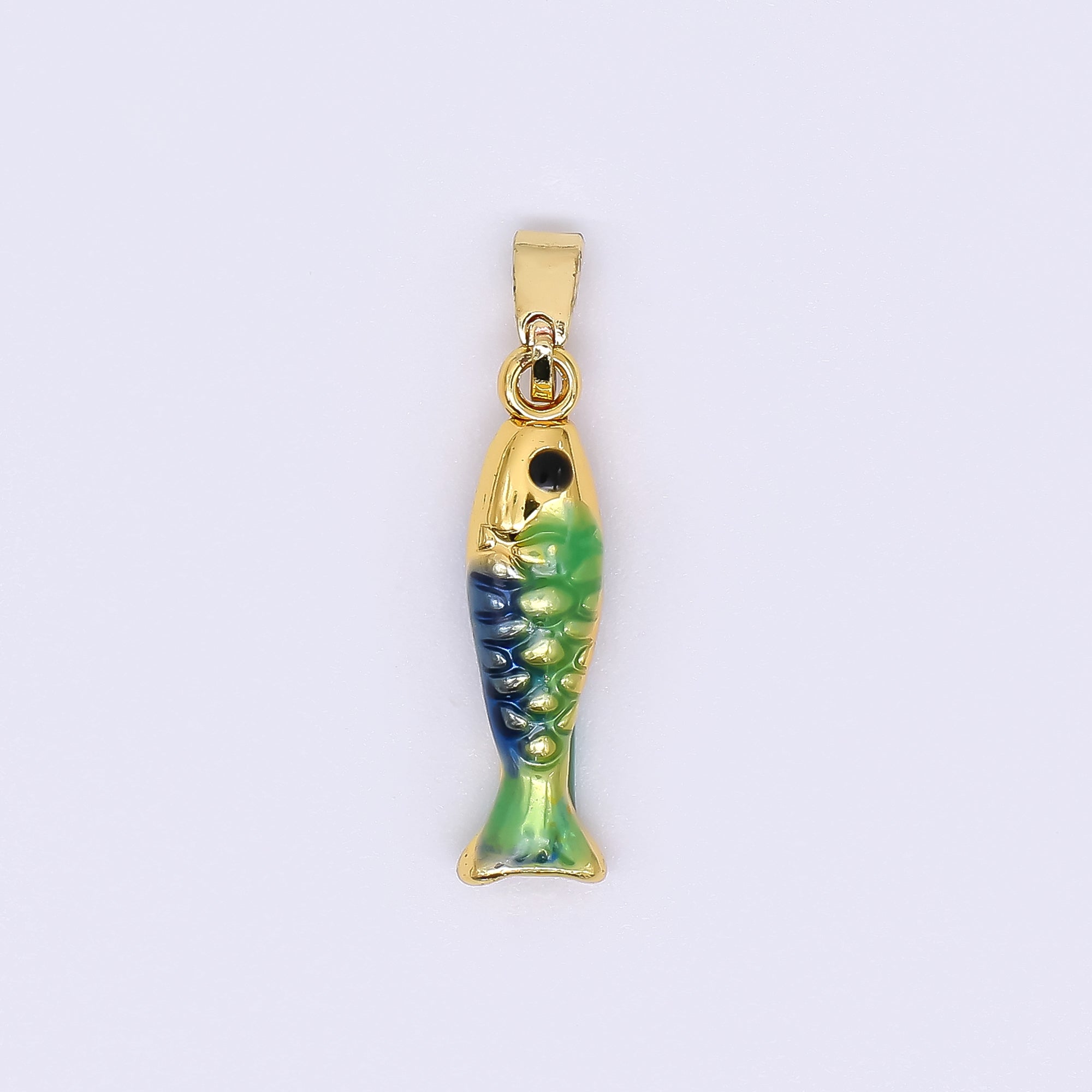 24K Gold Filled 20mm Black Round CZ Enamel Art Ocean Fish Animal Dainty Pendant in Green, Red, & Blue | AH-512 AH-513