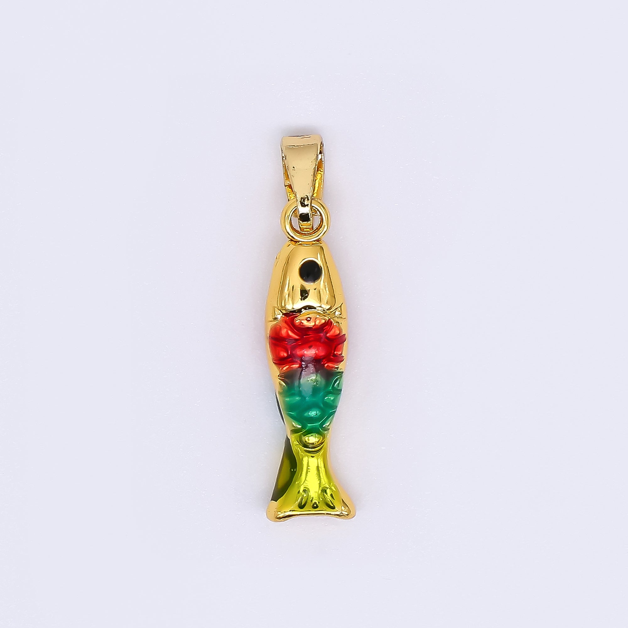 24K Gold Filled 20mm Black Round CZ Enamel Art Ocean Fish Animal Dainty Pendant in Green, Red, & Blue | AH-512 AH-513