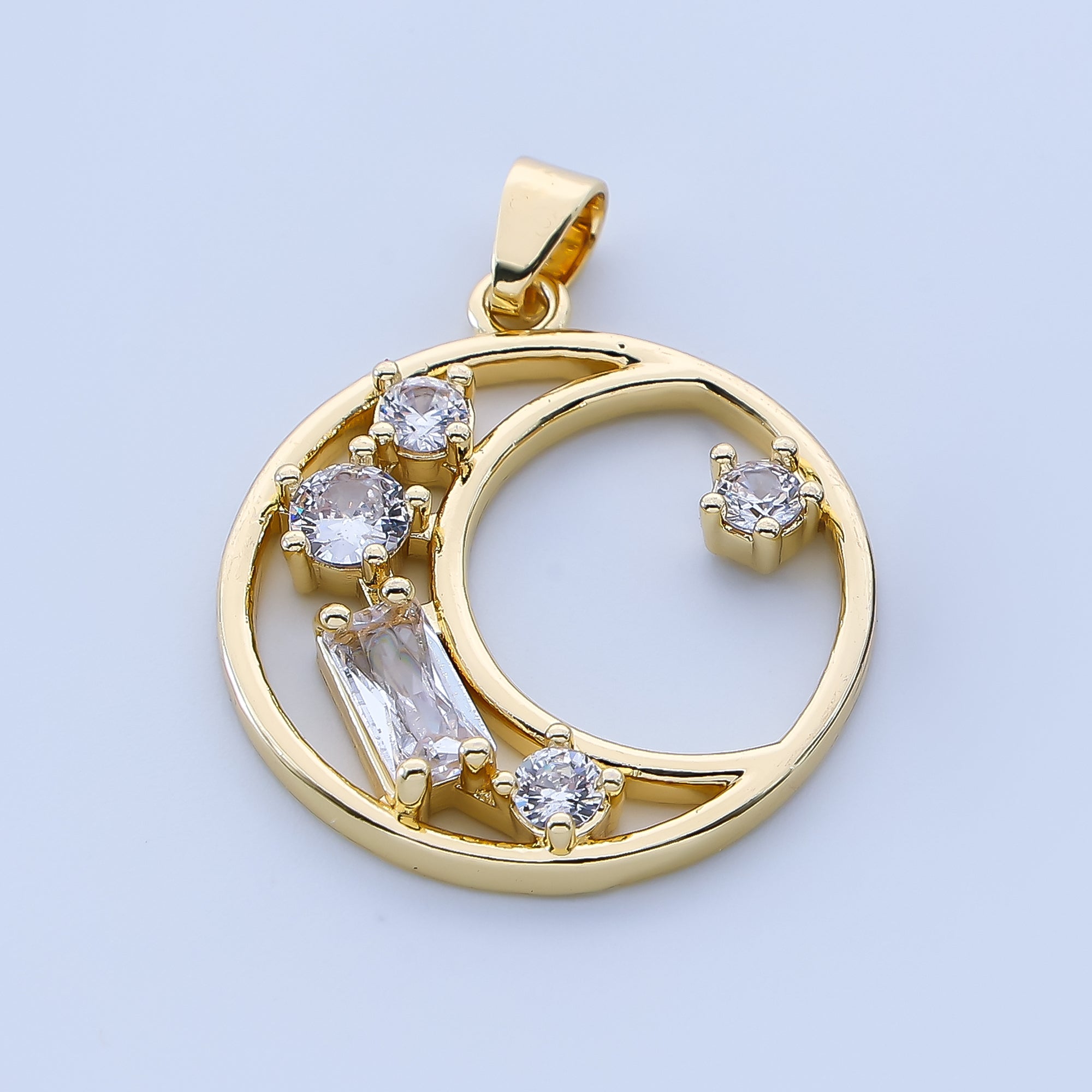 24K Gold Filled 25mm Baguette CZ Crescent Moon Pendant | AH-518