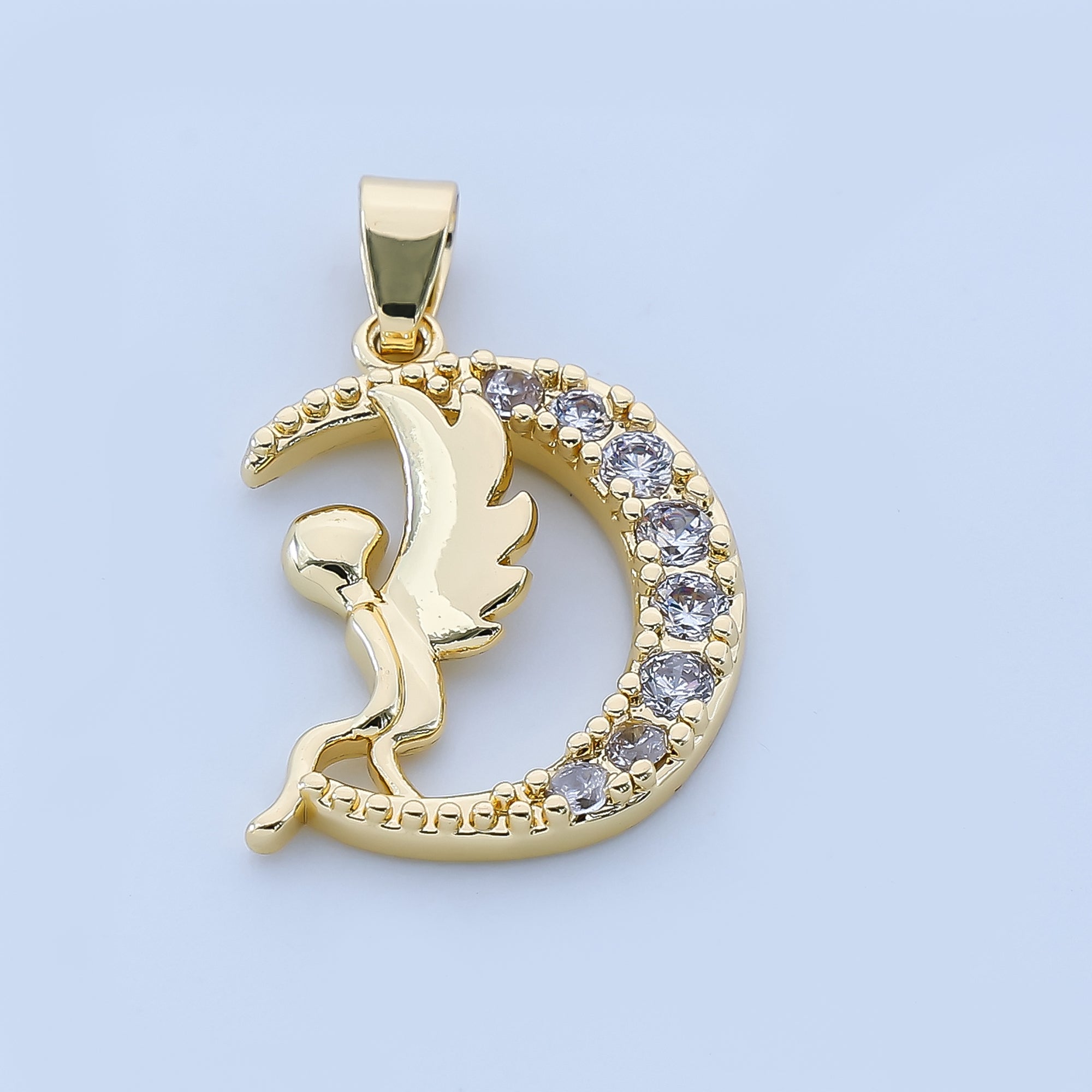 24K Gold Filled 20mm Micro Paved CZ Crescent Angel Moon Pendant | AH-519