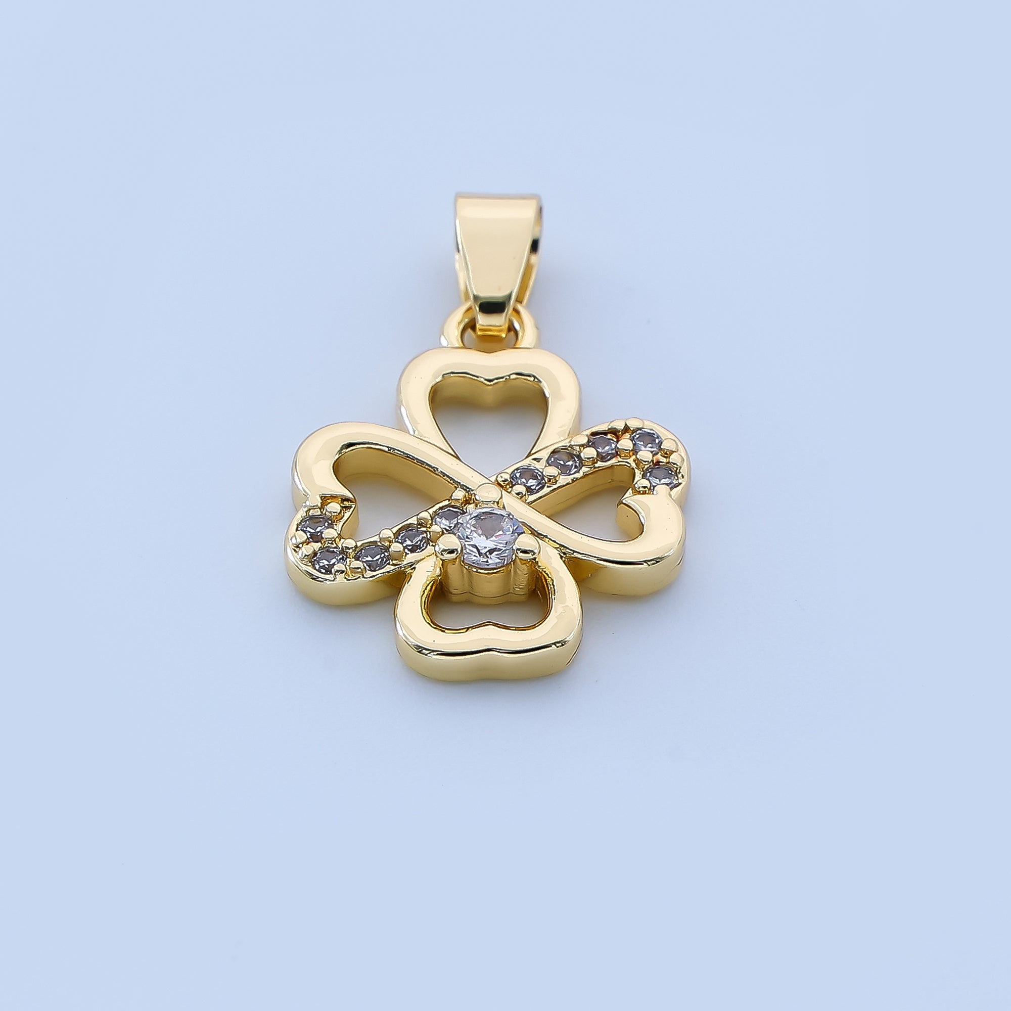 24K Gold Filled 16mm Micro Paved CZ 4-Leaf Lucky Clover of Fortune Pendant | AH-520