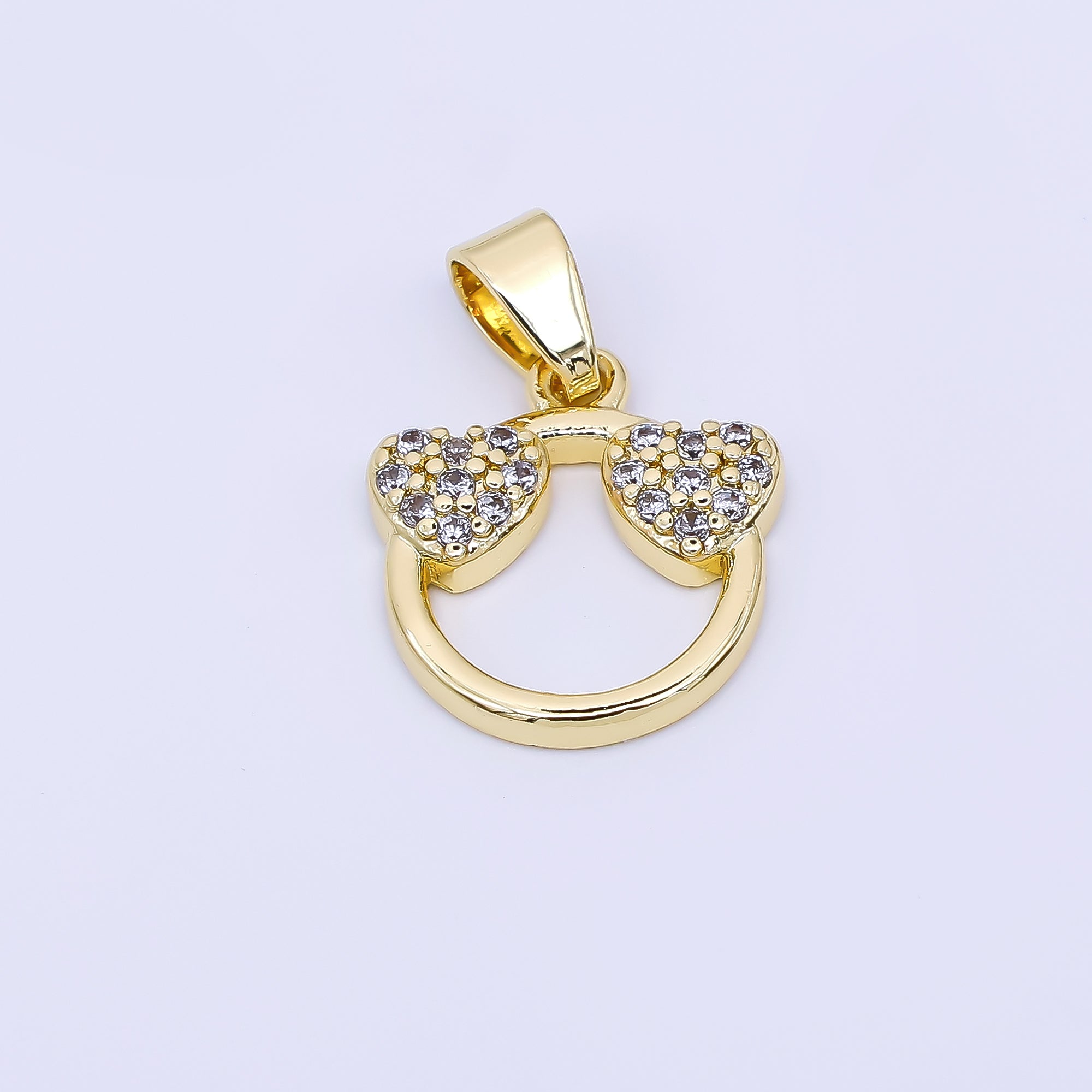 24K Gold Filled 13mm Micro Paved CZ Simple Round Double-Hearts Pendant | AH-534