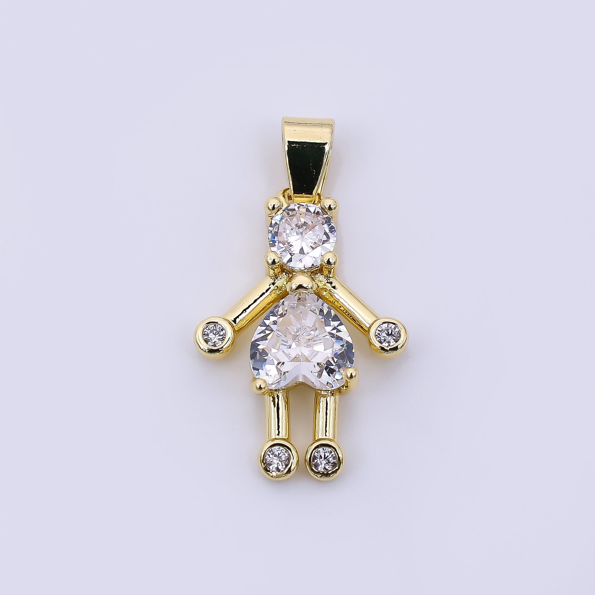 24K Gold Filled 18mm Heart-Shaped & Round CZ Woman Stickman Pendant | AH-535