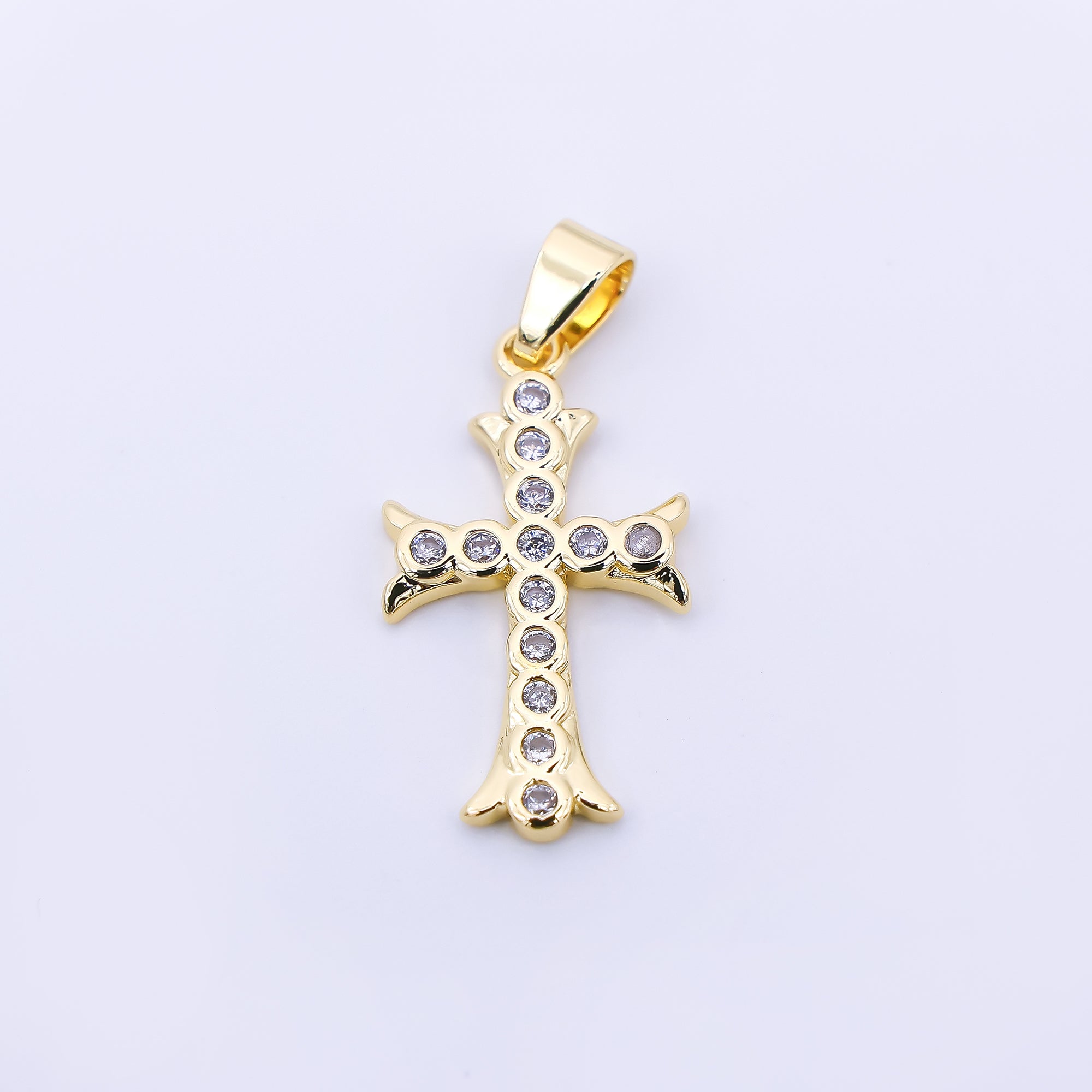 24K Gold Filled 21.5mm Micro Paved CZ Rounded Holy Cross Pendant | AH-536