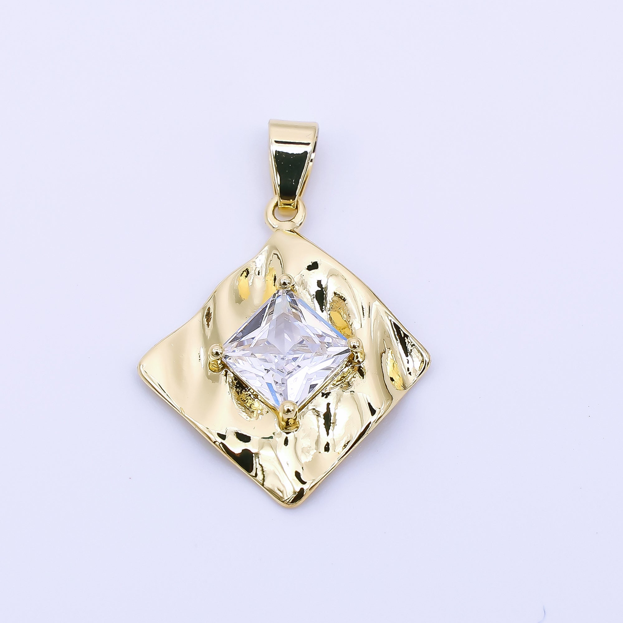 24K Gold Filled 20.5mm Square CZ Hammered Square Pendant | AH-537