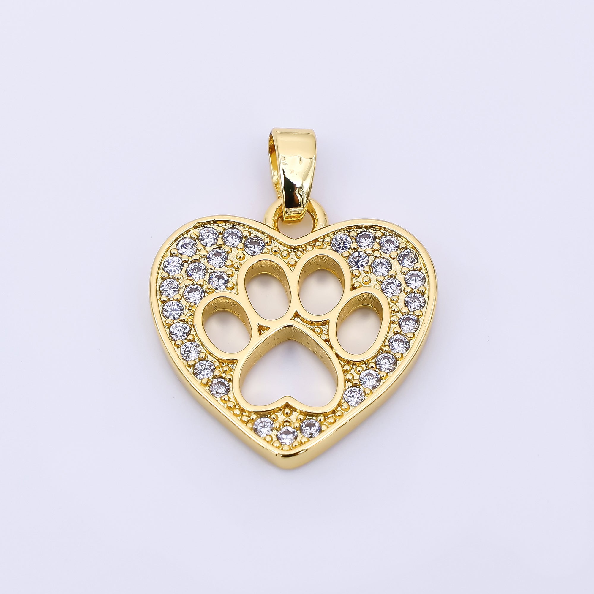 24K Gold Filled 17.5mm Micro Paved CZ Heart Dog Paw Charm Pets Pendant | AH-541