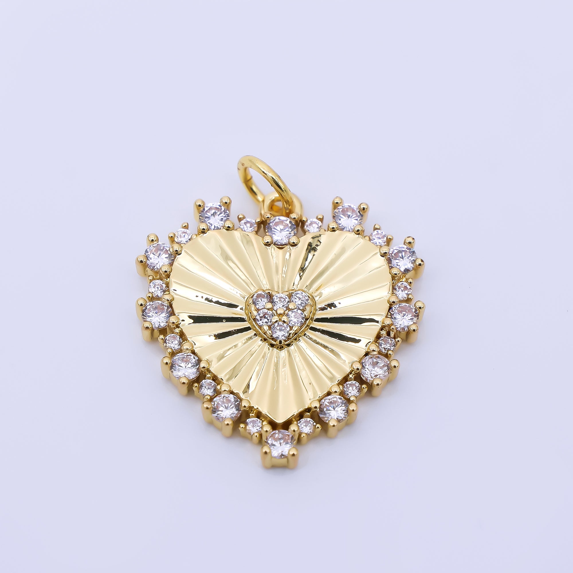 24K Gold Filled 20mm Clear Micro Paved CZ Sunburst Heart Charm | AH554