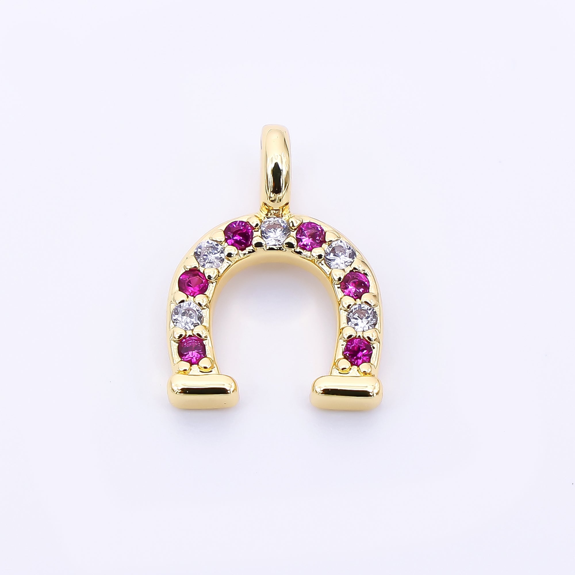 24K Gold Filled 29mm Micro Paved CZ Farm Horseshoe Animal Charm Iin Black, Pink, & Blue | AH-557 AH-558