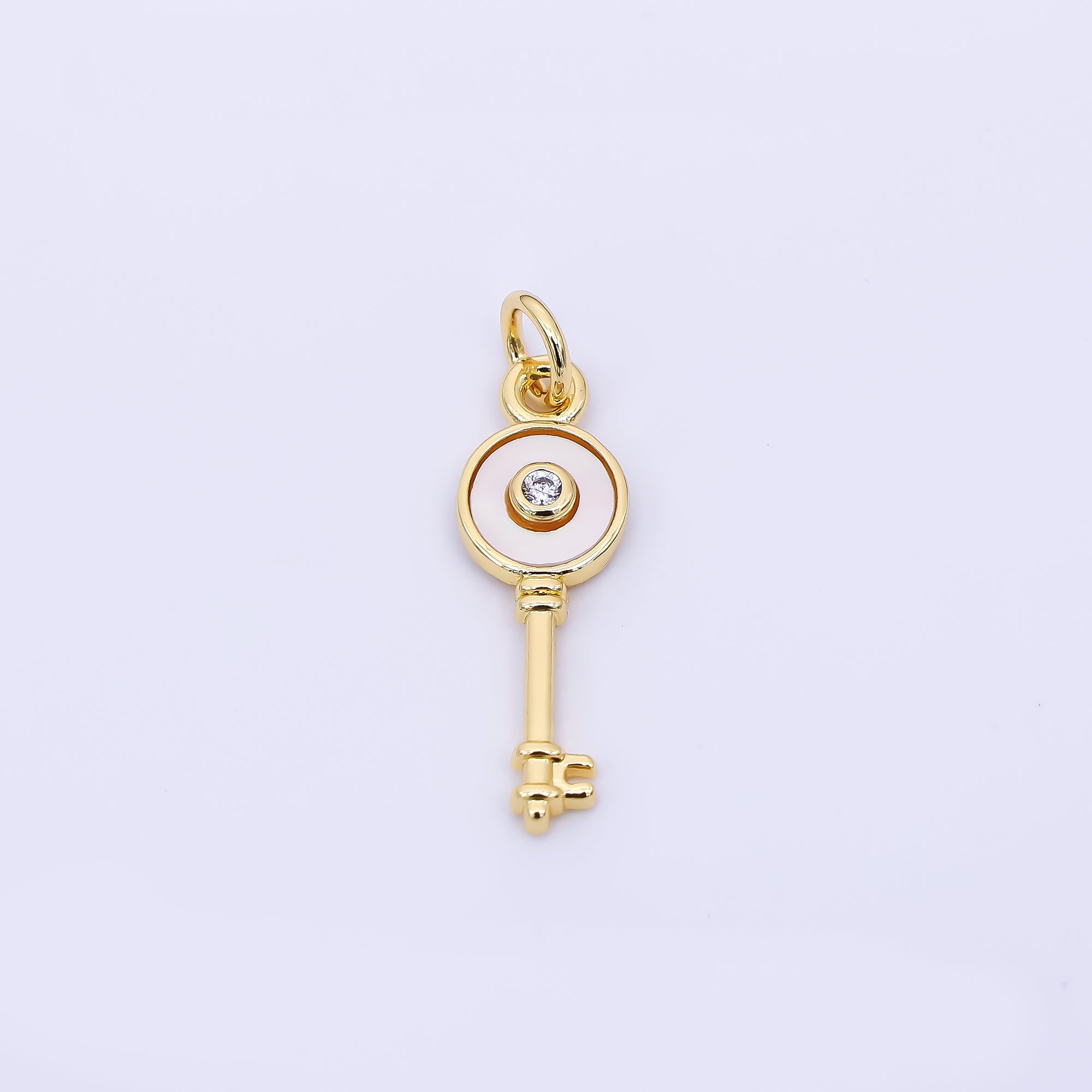 24K Gold Filled 21mm Round CZ White Enamel Art Key Charm | AH-563
