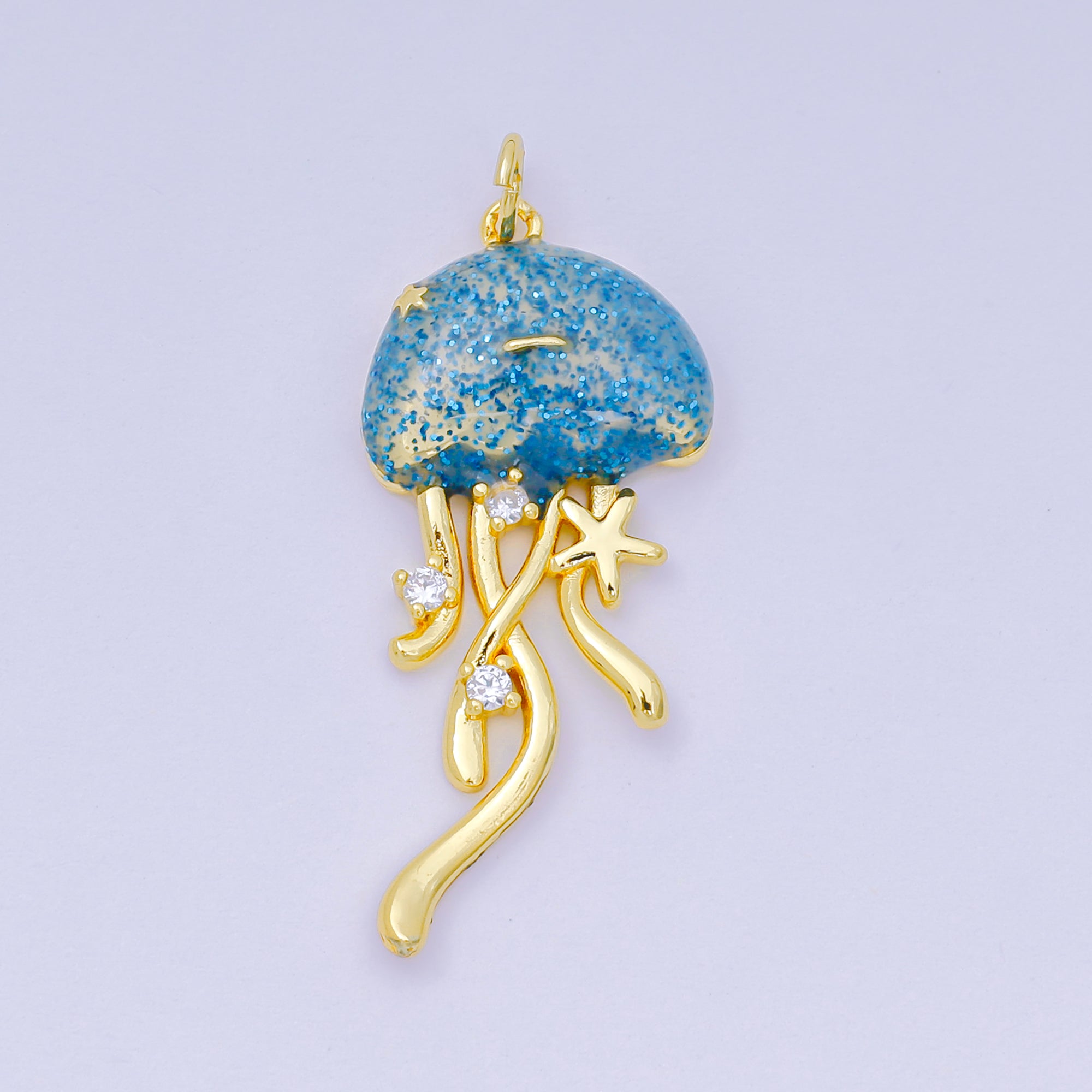 24K Gold Filled 35.5mm Enamel Art Blue Glittered Jellyfish Sea Animal Charm | AH-605