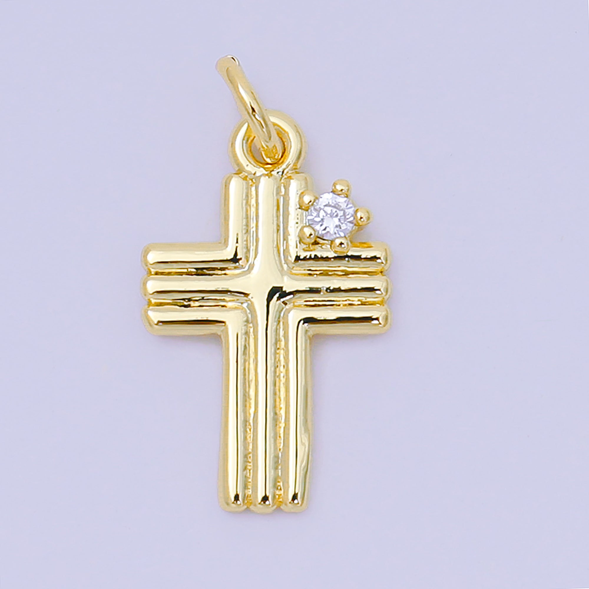 24K Gold Filled 17mm Round Clear CZ Groovy Holy Cross Christian Charm | AH-639