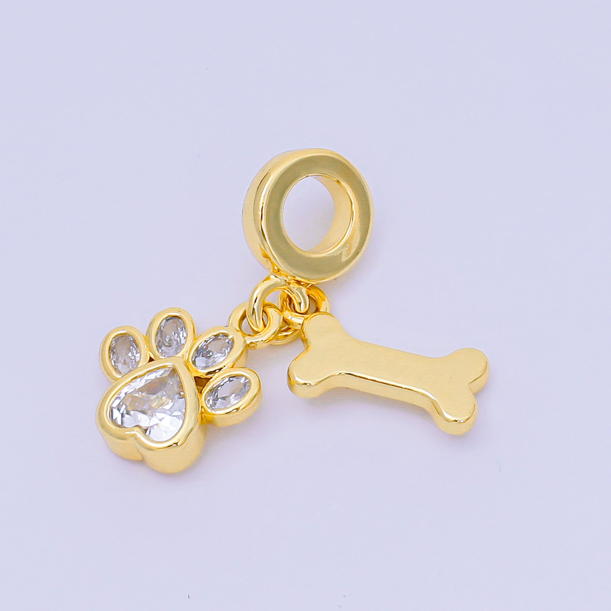 24K Gold Filled 12.5mm Oval & Heart CZ Dog Pet Set Charm in Paw & Bone | AH-648