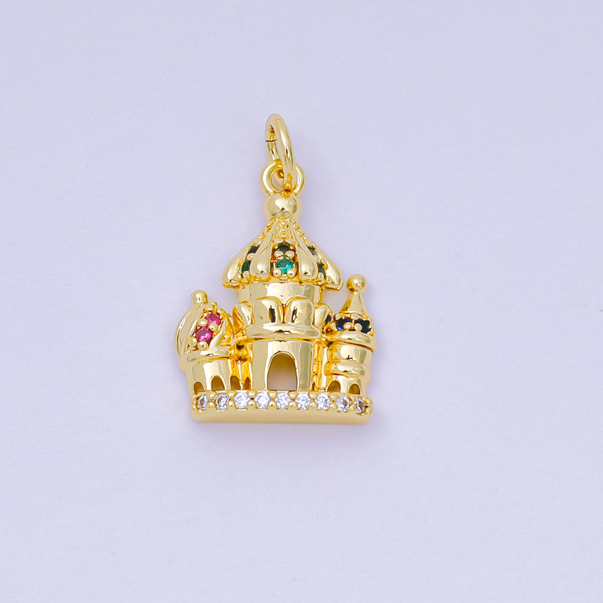 24K Gold Filled 17mm Pink, Green, & Blue CZ Luxe Dreamy Castle Charm | AH-680