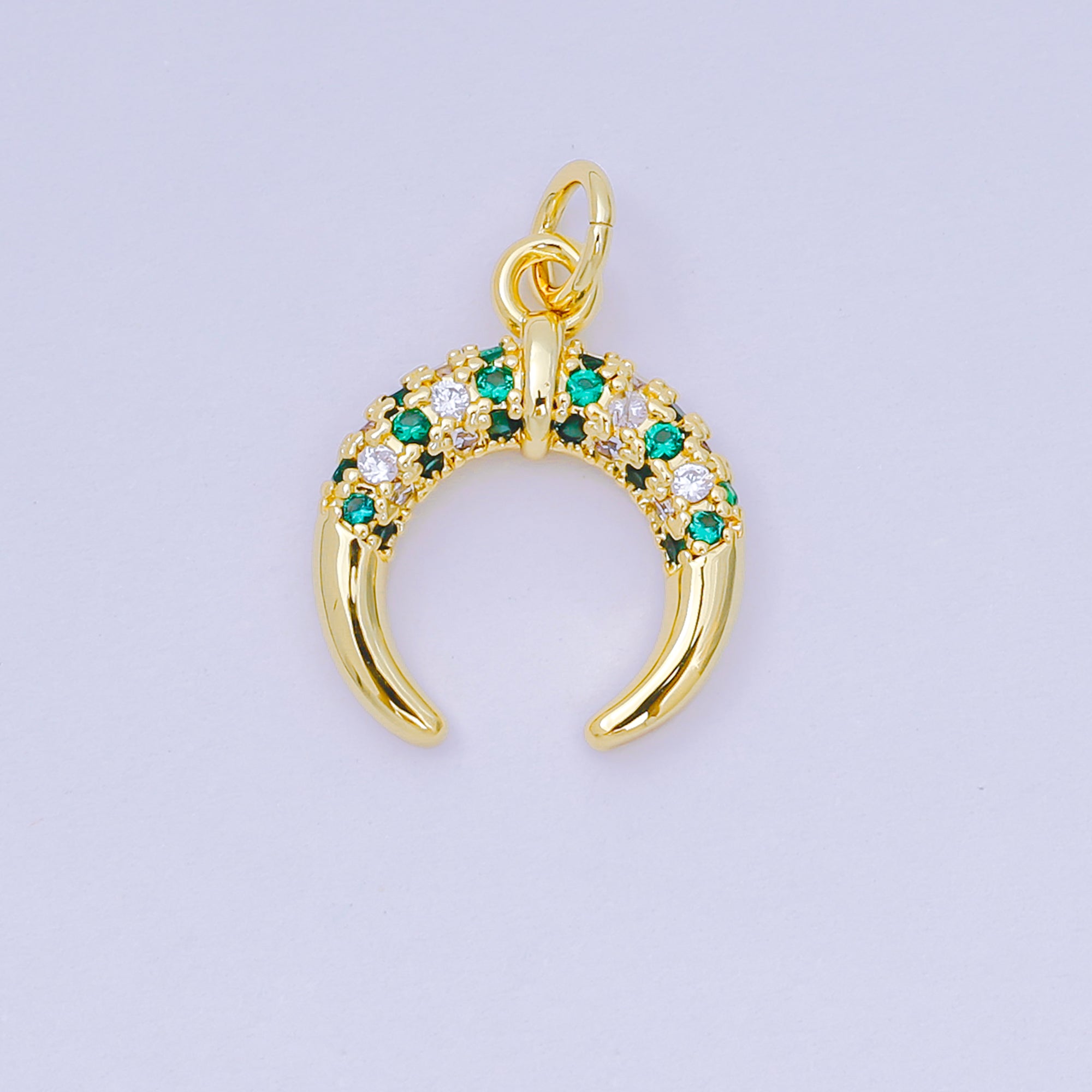 24K Gold Filled 15mm Green & Clear Micro Paved CZ Crescent Celestial Moon Charm | AH-682