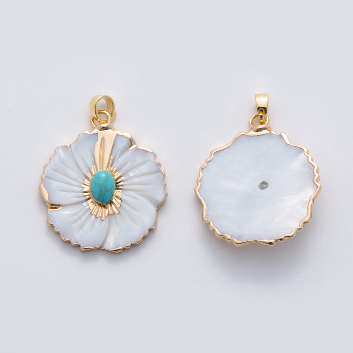 18k gold filled Hibiscus flower Pearl Floral Charm pendant with Turquoise Stone | AH-698