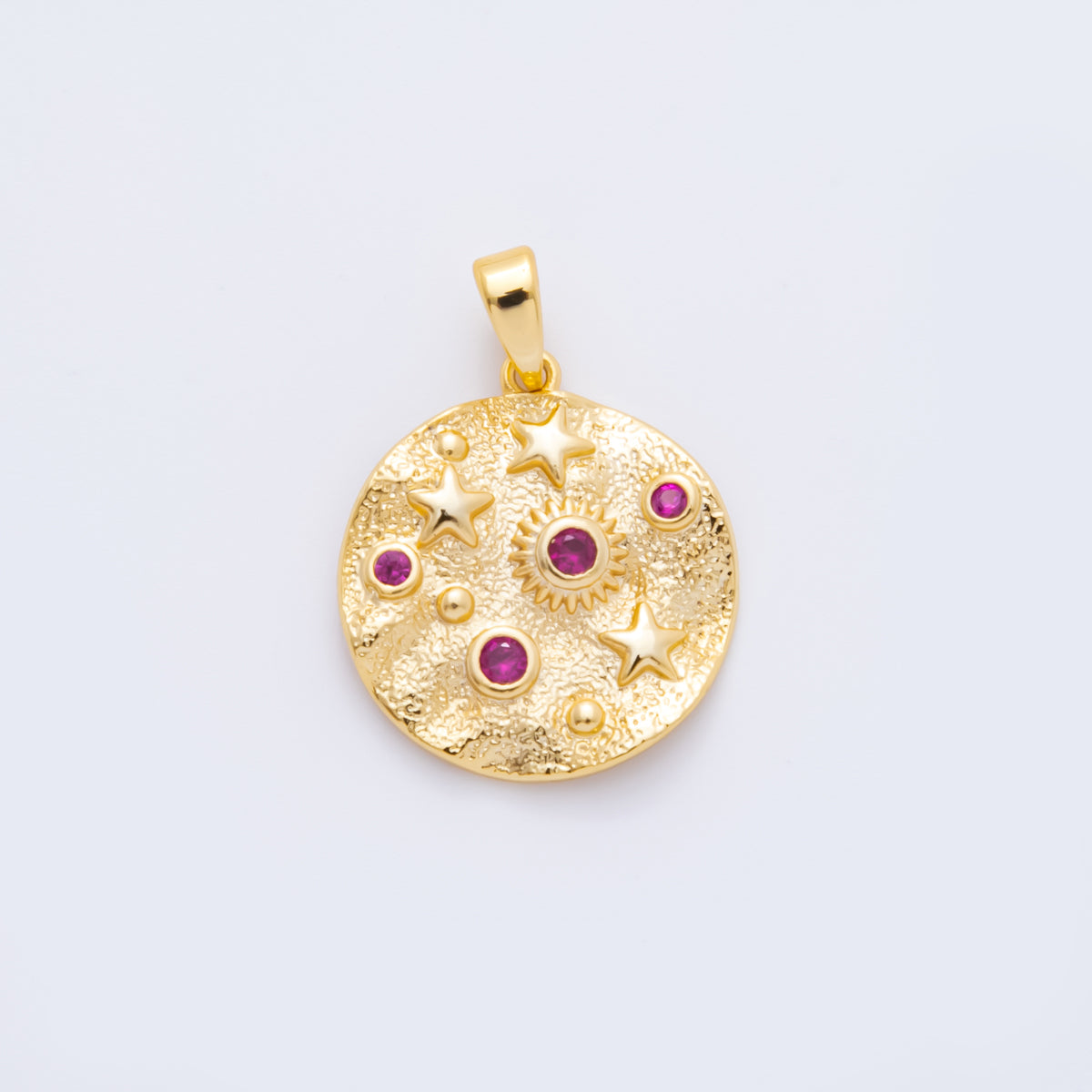 18K Gold Filled 25mm Fuchsia CZ Celestial Star Textured Foil Round Charm | AH816