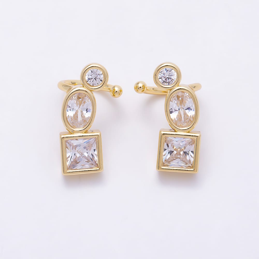 16K Gold Filled 17mm Clear CZ Round Oval Square Bezel Ear Cuff Earrings in Gold & Silver | AI00021 AI00022