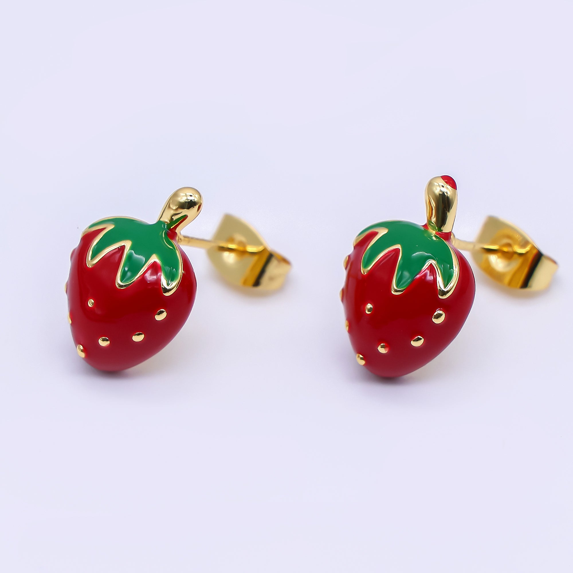 24K Gold Filled 15mm Red Enamel Strawberry Fruit Stud Earrings | AI424