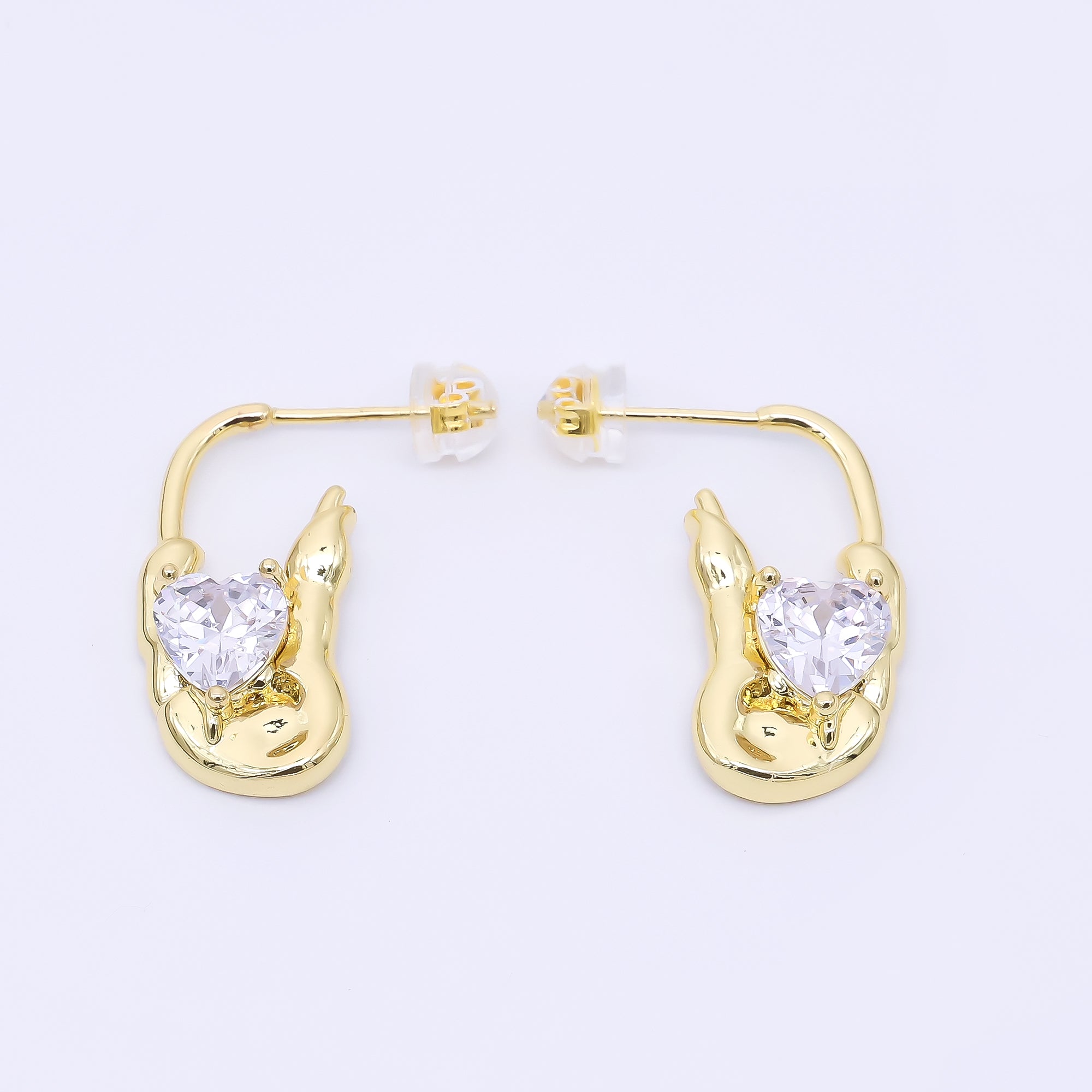 24K Gold Filled 25mm Clear CZ Heart Molten J-Shaped Hoop Earrings | AI448