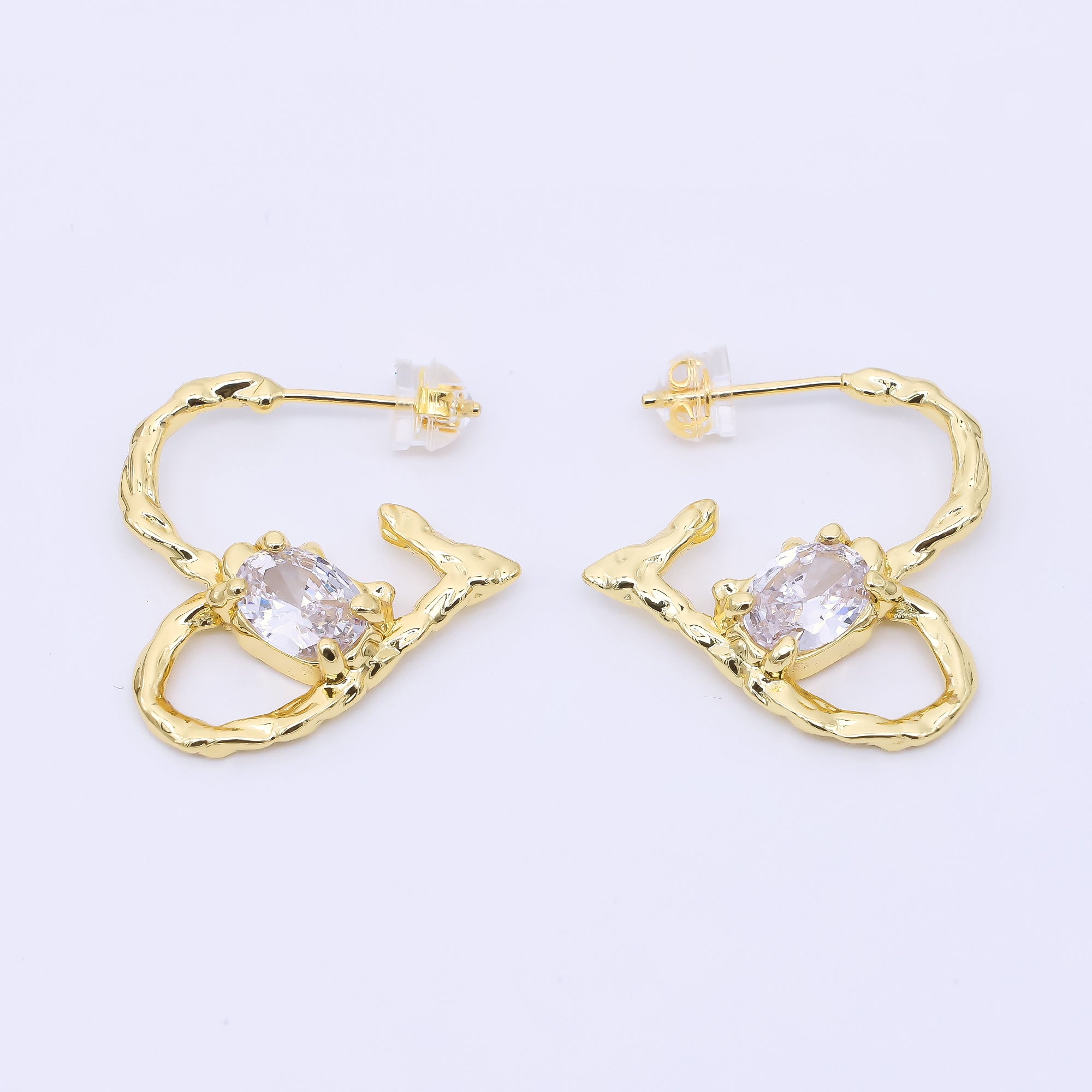 24K Gold Filled Baguette CZ Molten Heart C-Shaped Hoop Earrings | AI447