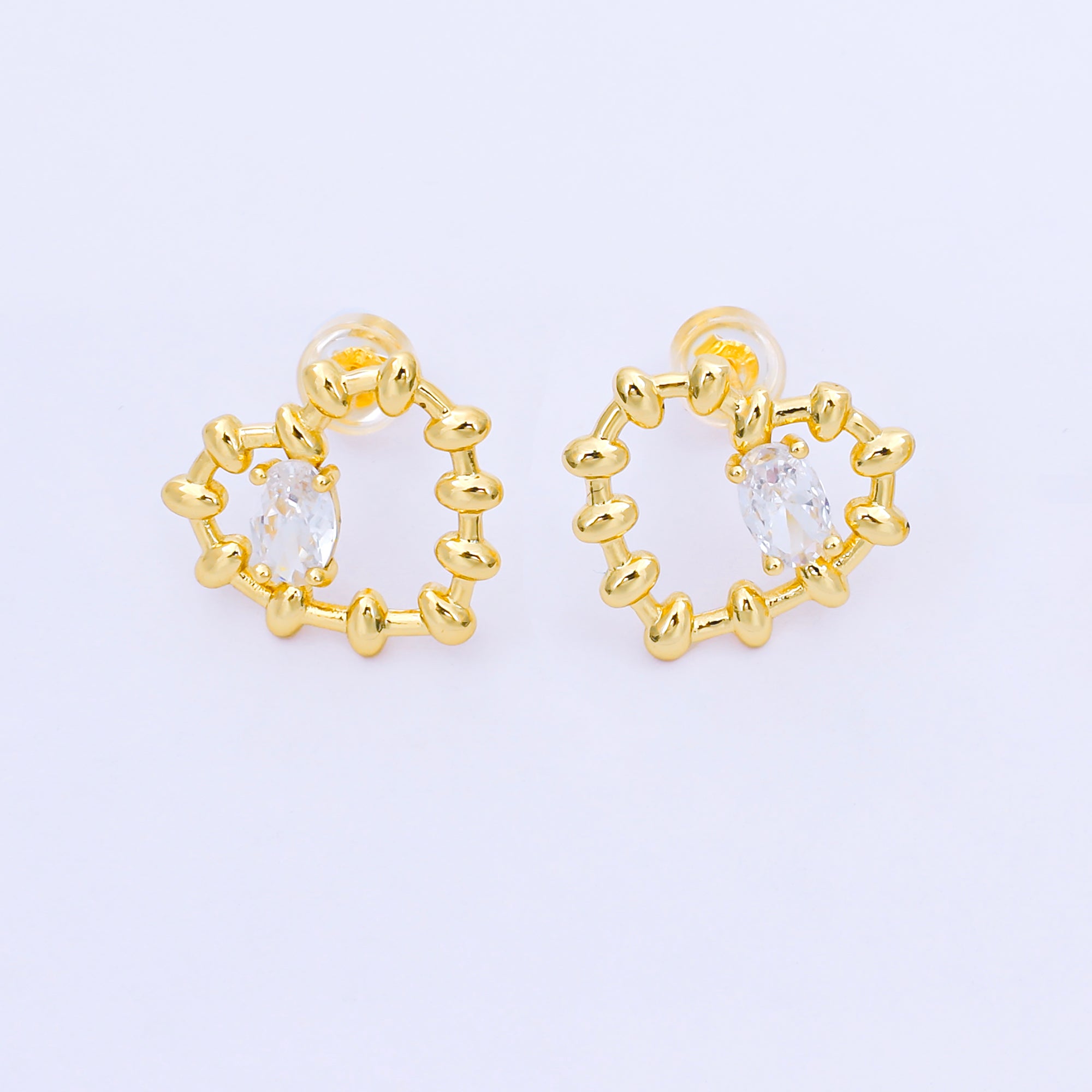 24K Gold Filled Oval CZ Bubbly Pattern Heart Stud Earrings | AI448