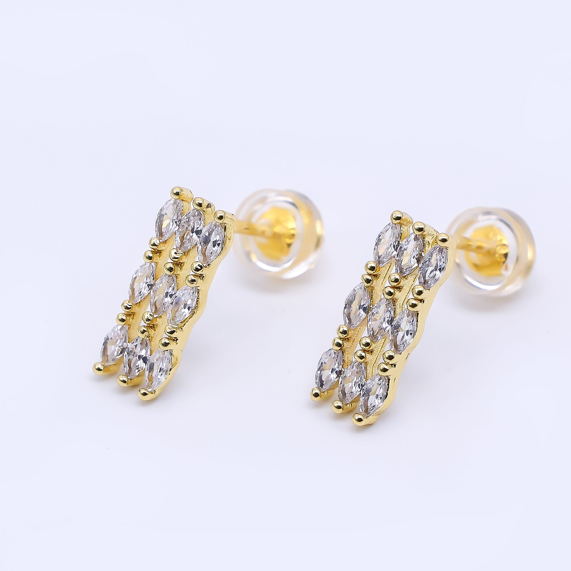 24K Gold Filled Marquise CZ Triple Row Dropped Stud Earrings | AI-452
