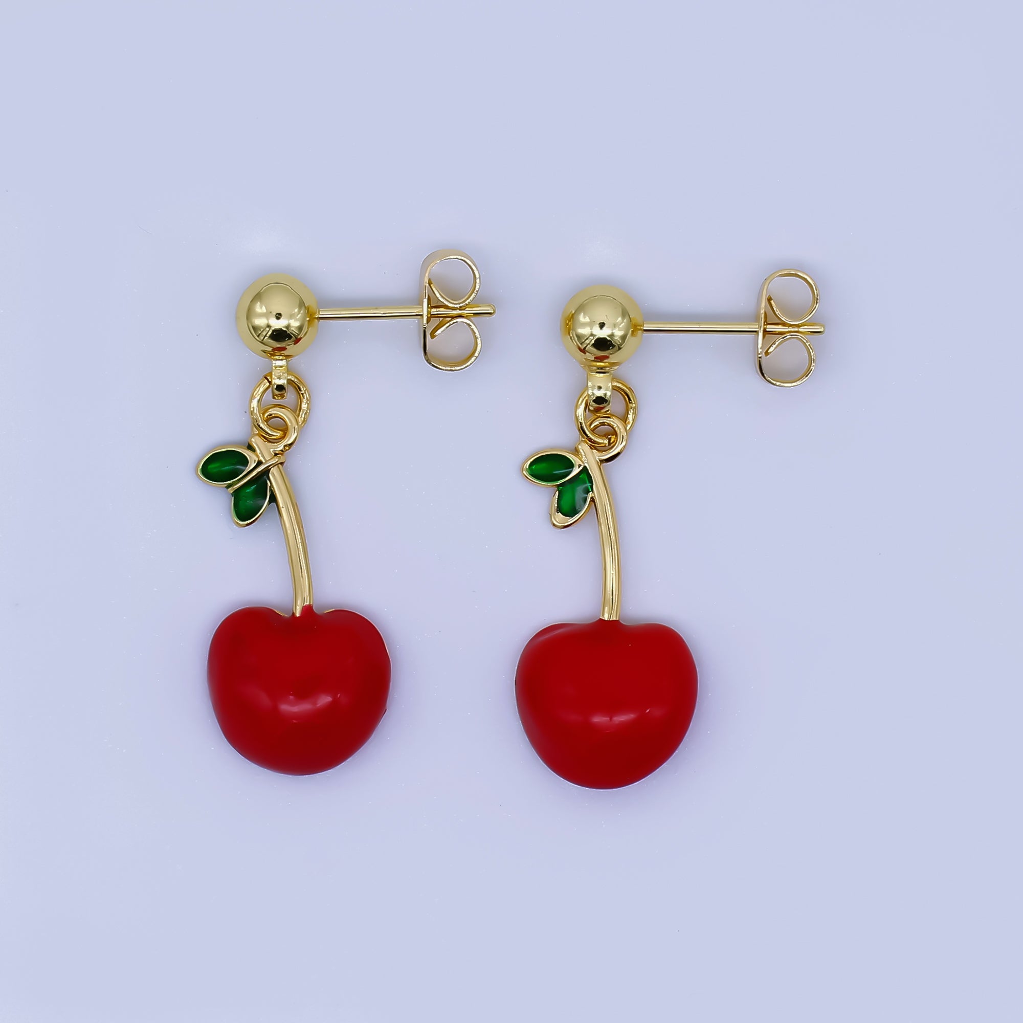 24K Gold Filled Green Enamel Red Cherry Pop Fruit Drop Stud Earrings | AI-466