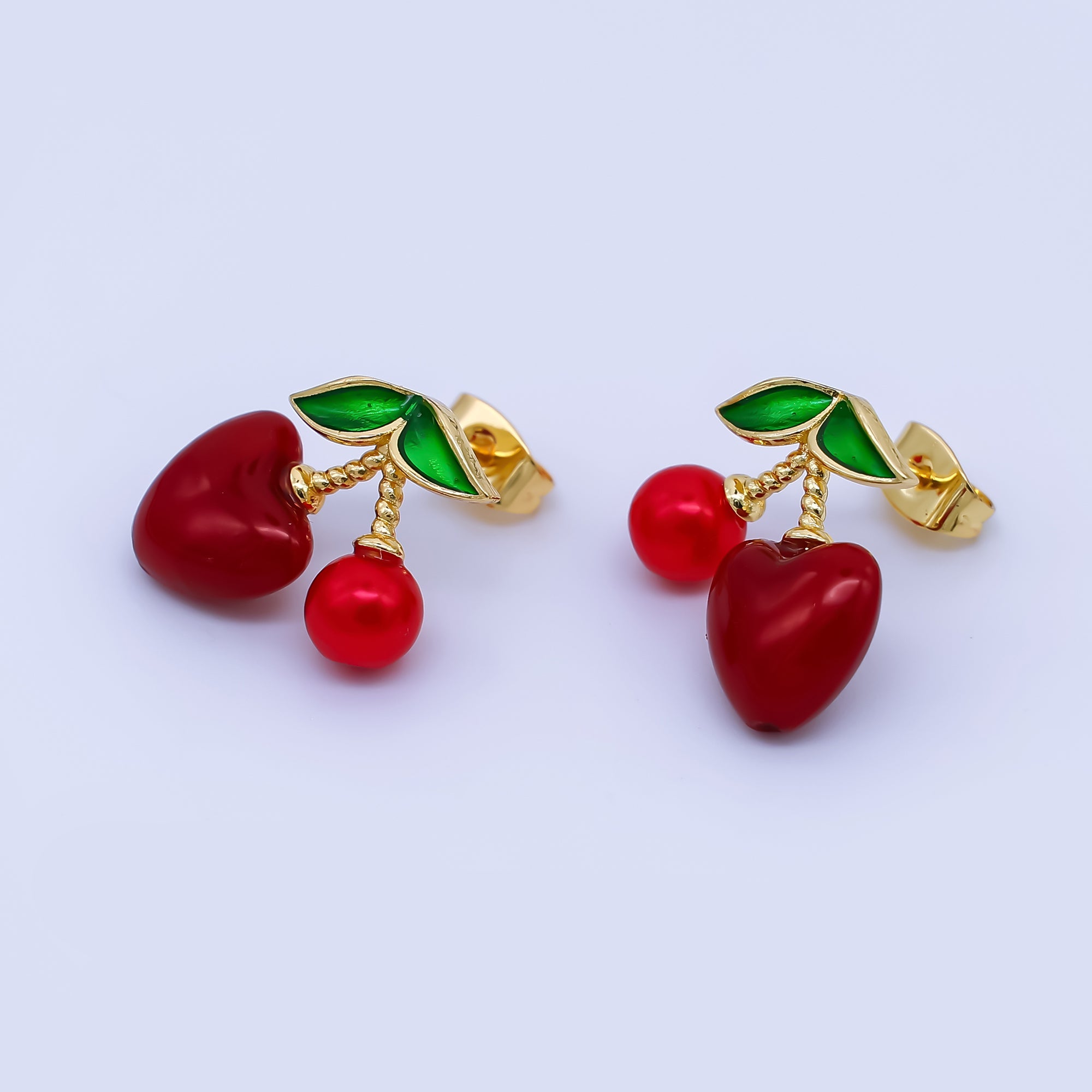 24K Gold Filled Green Enamel Red Heart Cherry Bomb Fruit Drop Stud Earrings | AI-467