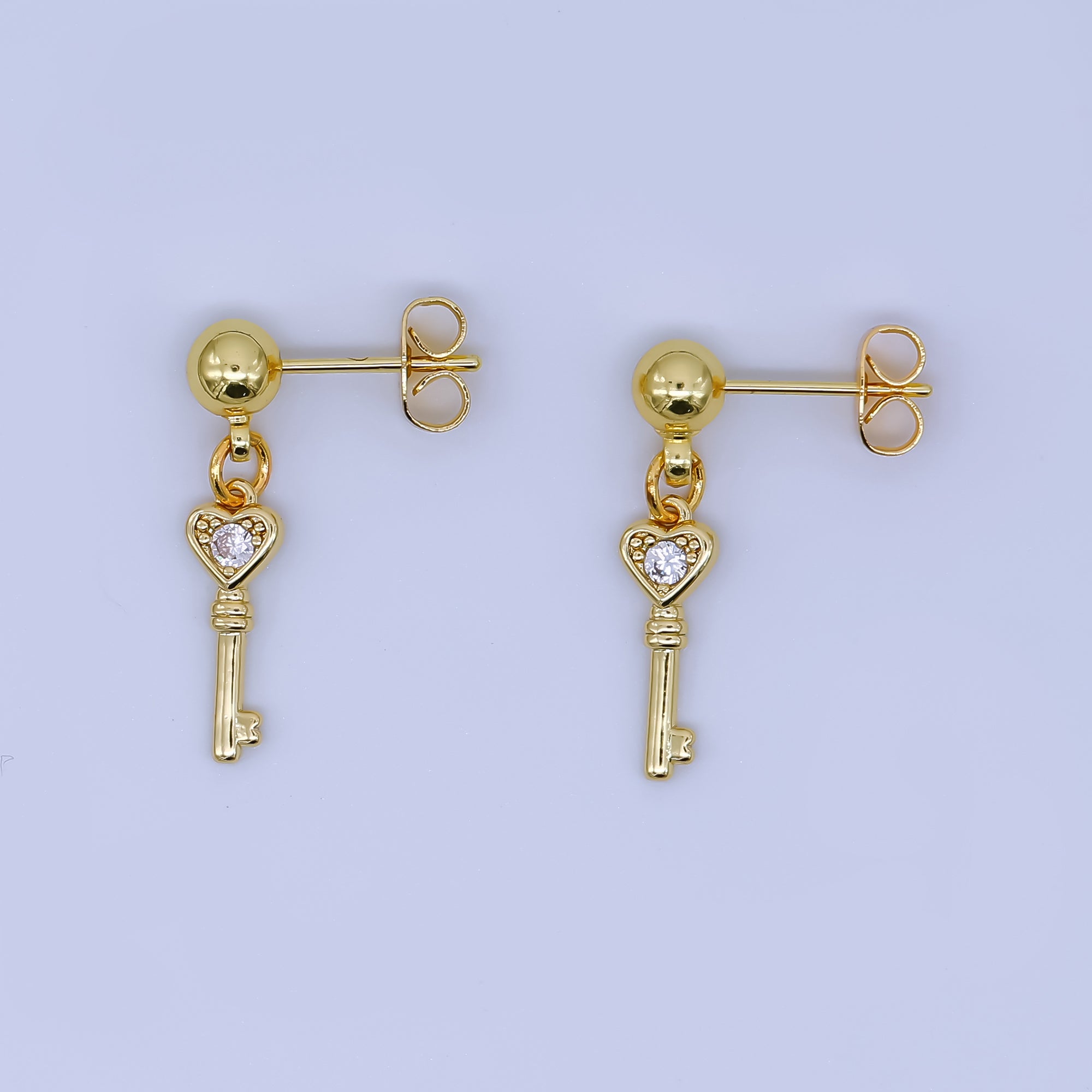 24K Gold Filled Round CZ Key to the Heart Drop Stud Earrings | AI468