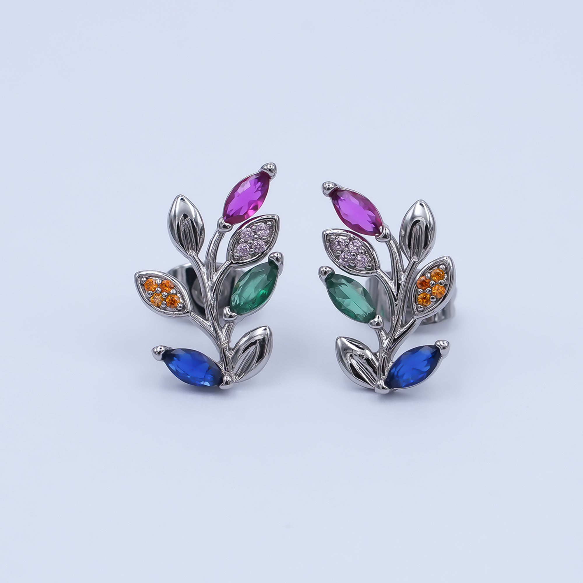24K Gold Filled Multicolor Micro Paved CZ Leaf Stud Earrings in Gold & Silver | AI543 AI473