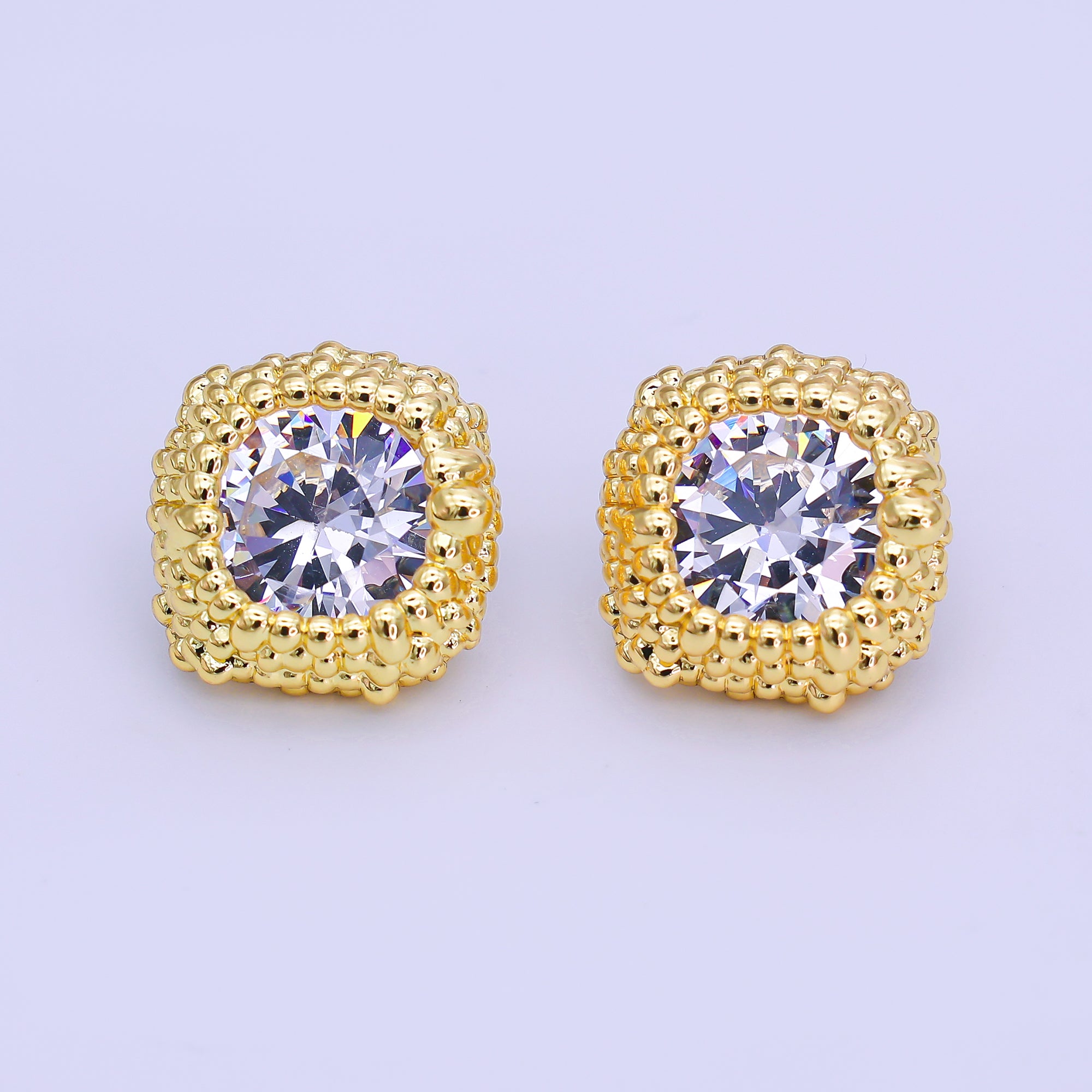 24K Gold Filled Clear CZ Bubble Dotted Bezel Square Stud Earrings | AI480