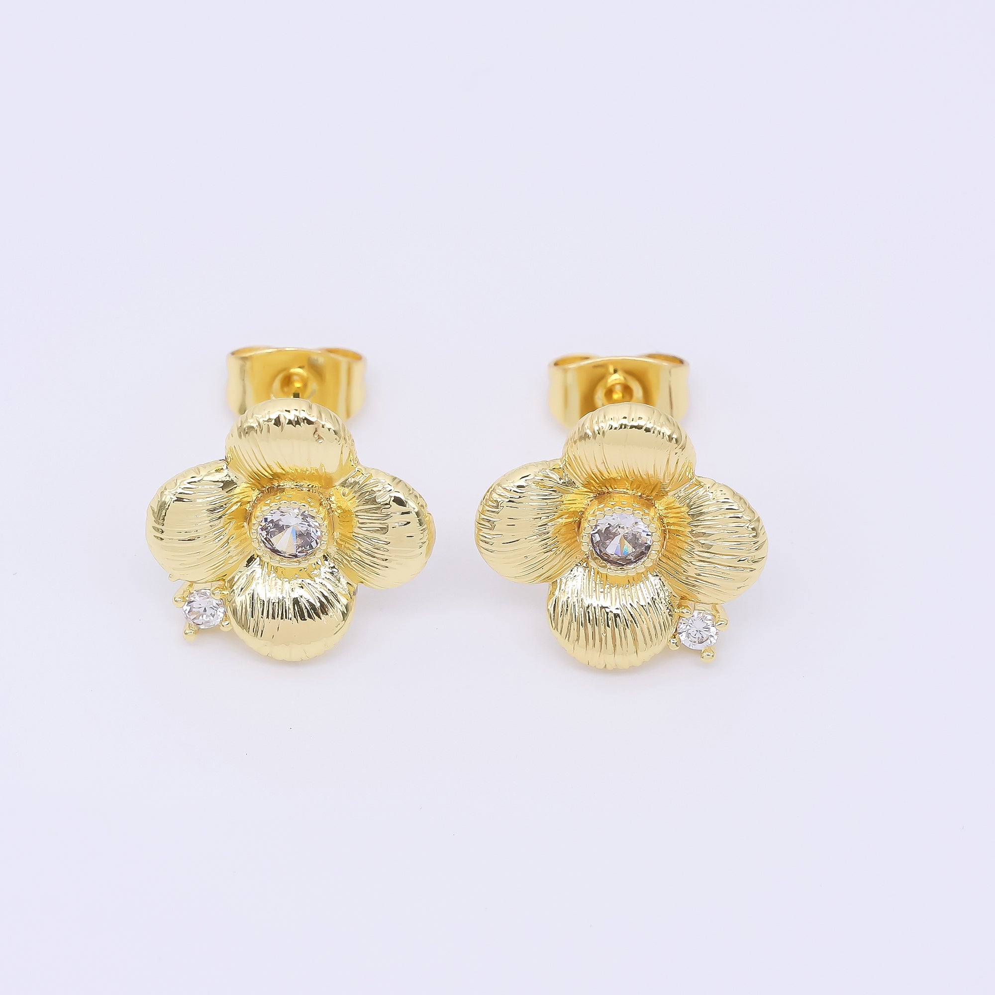 24K Gold Filled Clear CZ Line-Textured Flower Daisy Stud Earrings | AI483